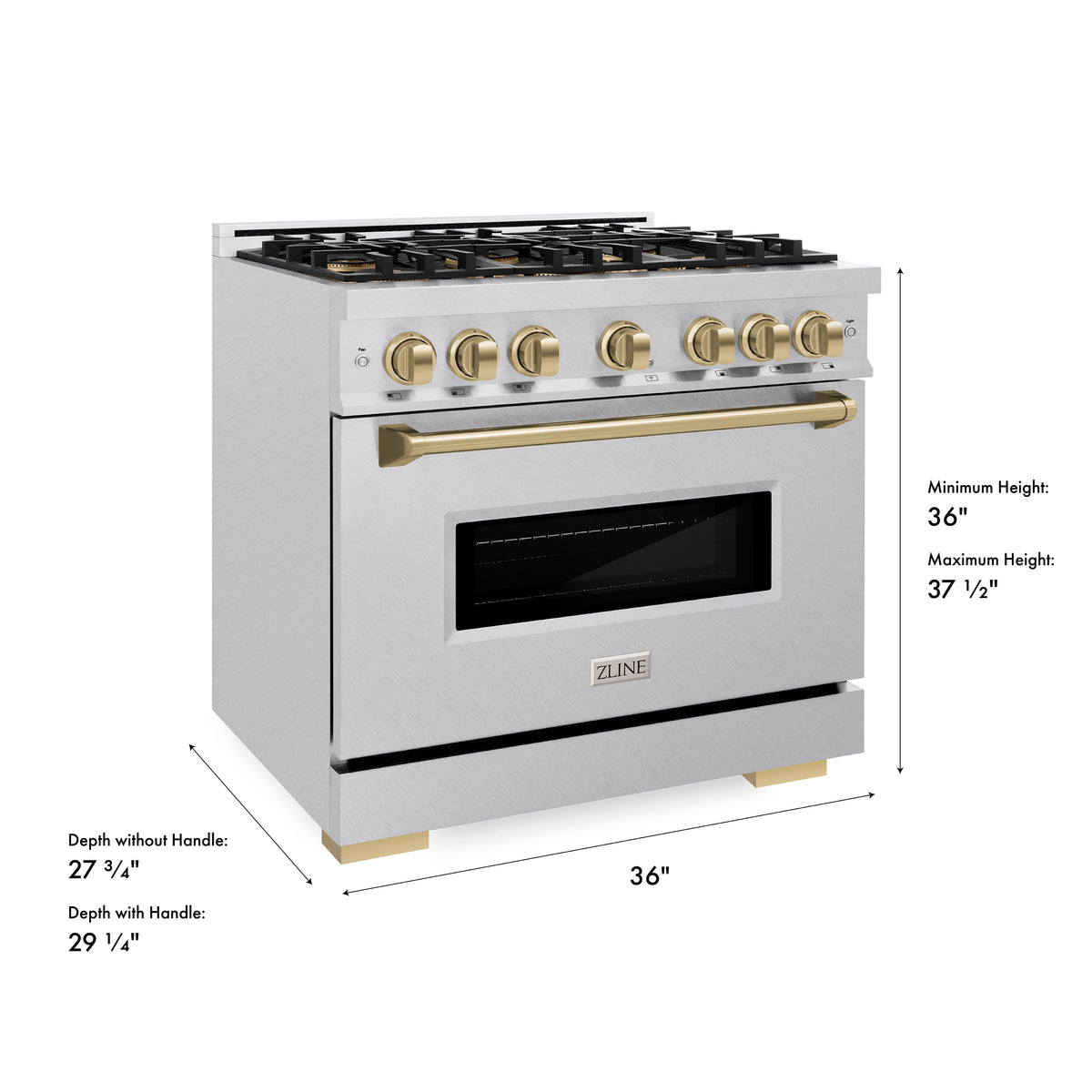 Satin steel gas range with bronze accents and measurement diagram with height and depth