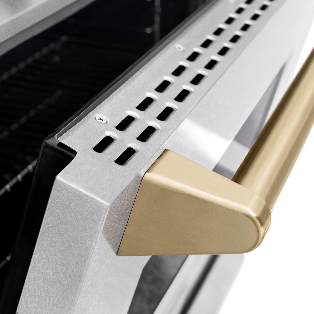 Satin steel gas range side trim with bronze accent panel and burner grates