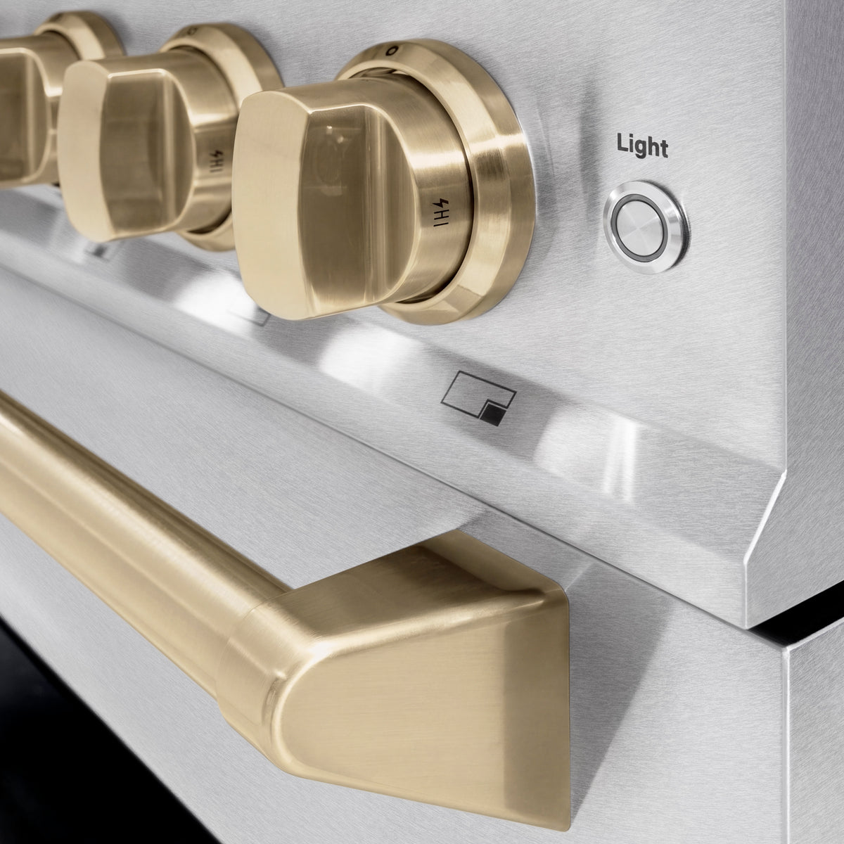 Stainless control panel with bronze knobs and Light button