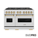 ZLINE Autograph Edition 48-Inch Classic Gas Range with DuoPro™ Cooktop and Dual Ovens in Satin Steel and Bronze Accents (PCGRSZ-48-CB)