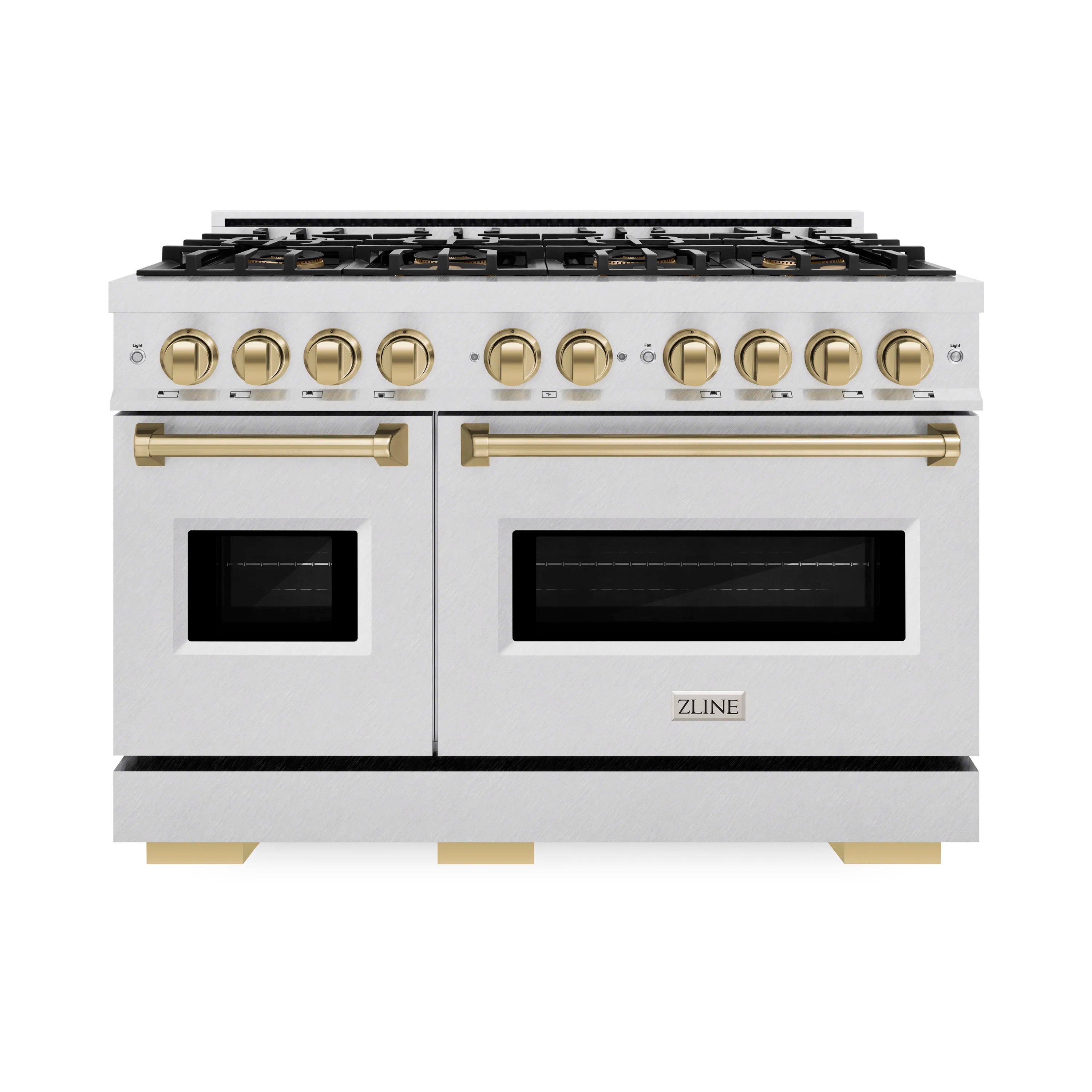 Satin steel 48-inch gas range with dual ovens and bronze control knobs