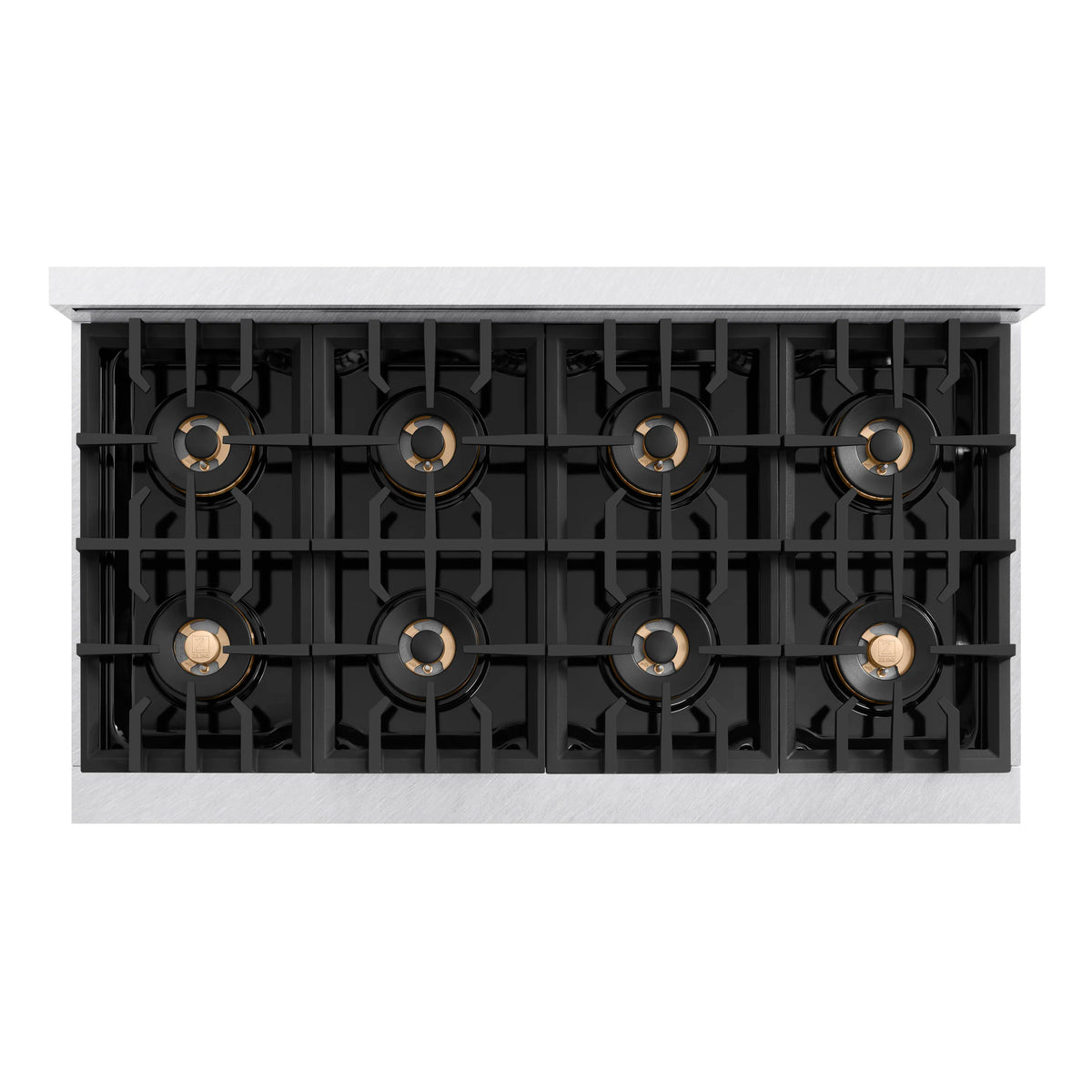 Burner grates and cast-iron-style stovetop surface with bronze burner caps
