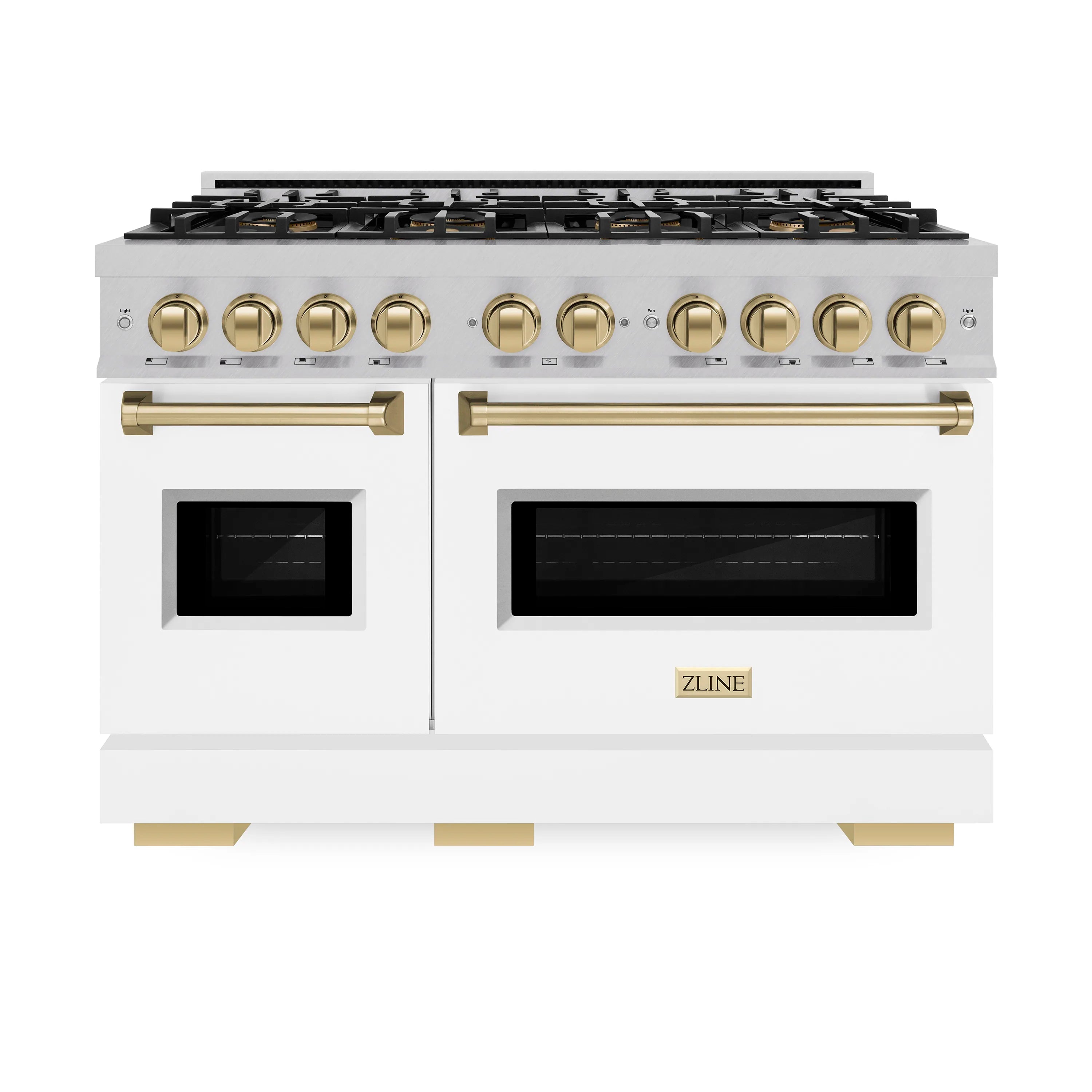 White dual-oven gas range with black cooktop grates and gold control knobs