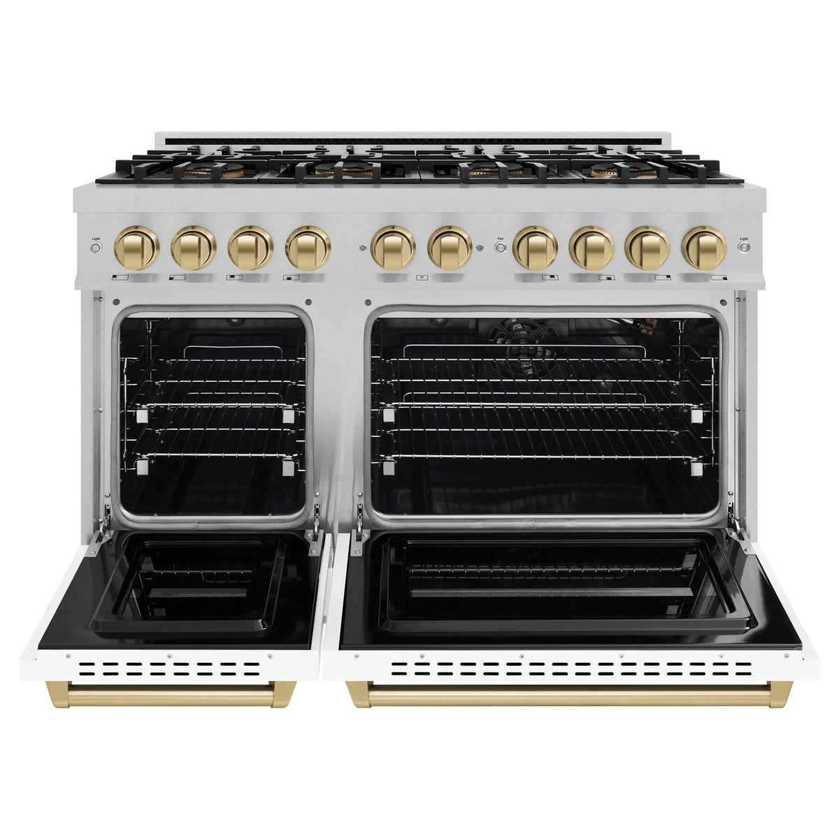 Open-door view of white dual-oven gas range with black oven interiors