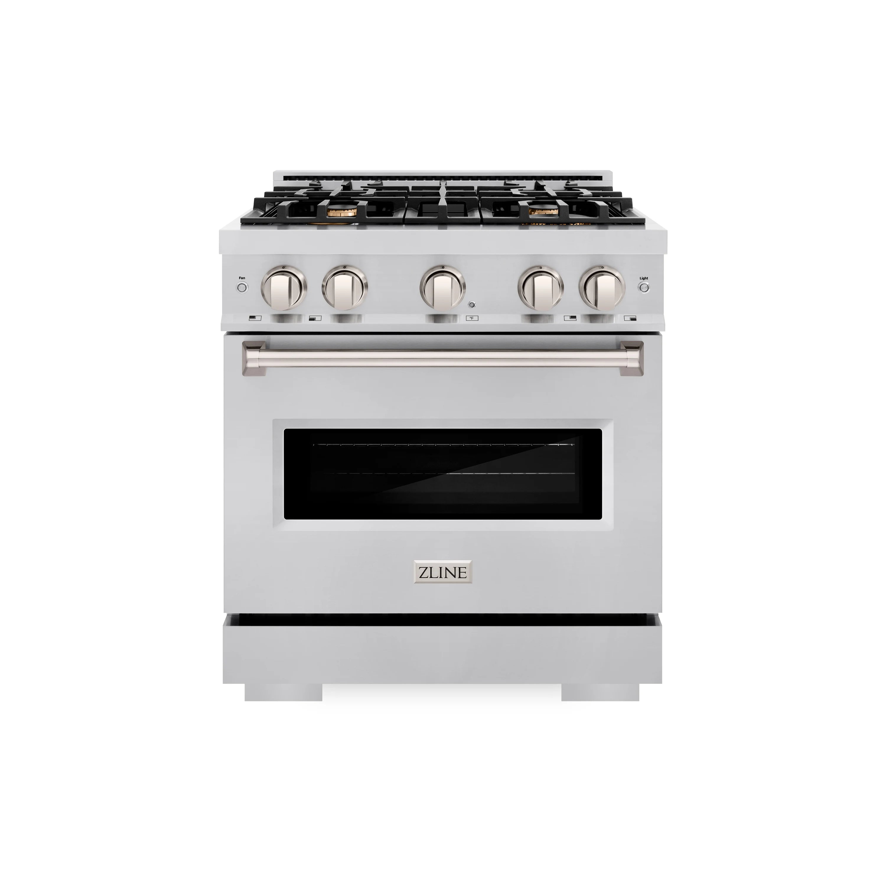 Stainless steel dual fuel range with four gas burners and closed oven door with logo