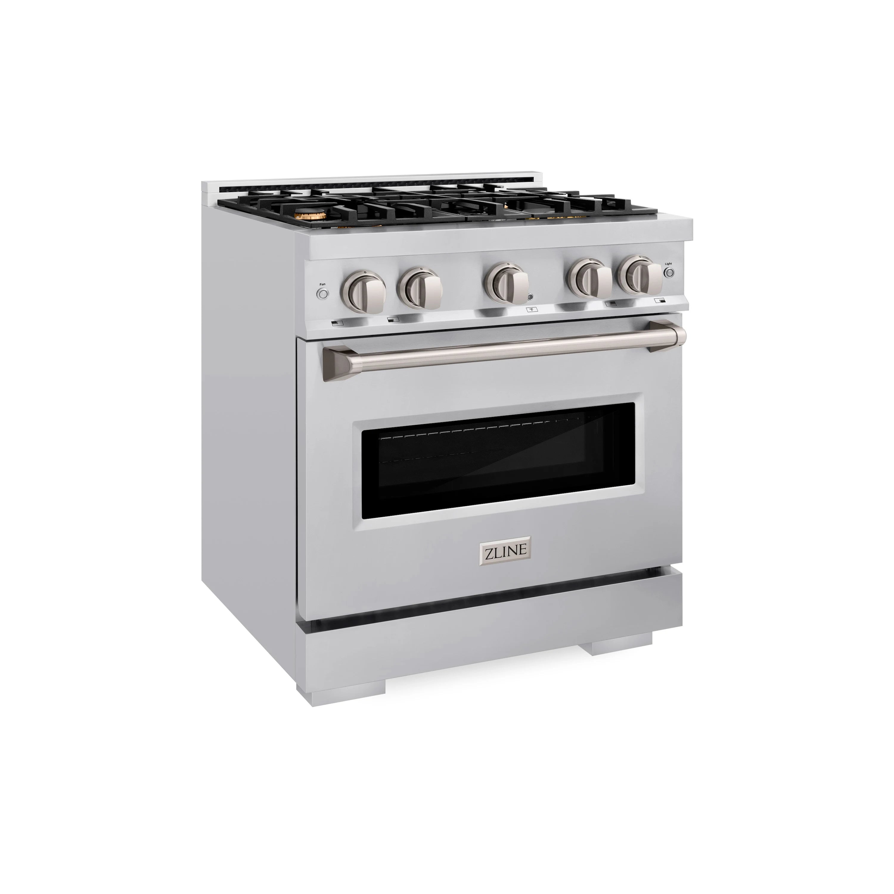 Stainless steel dual fuel range with four-burner grates and glass oven door window closed