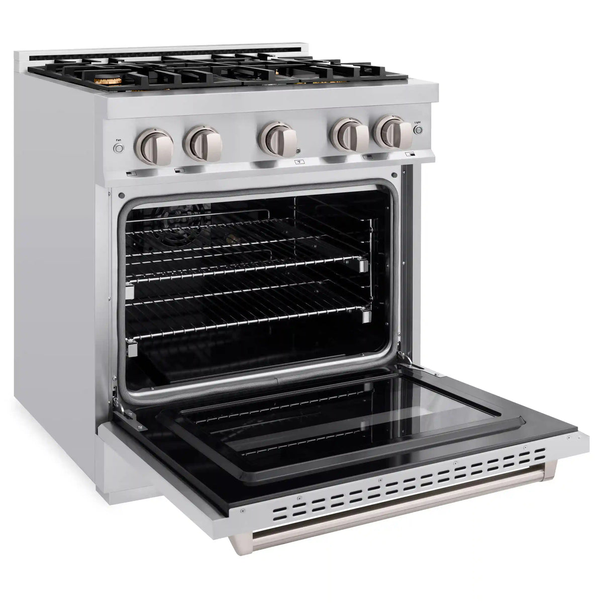 Stainless steel dual fuel range with open oven door and visible convection rack inside
