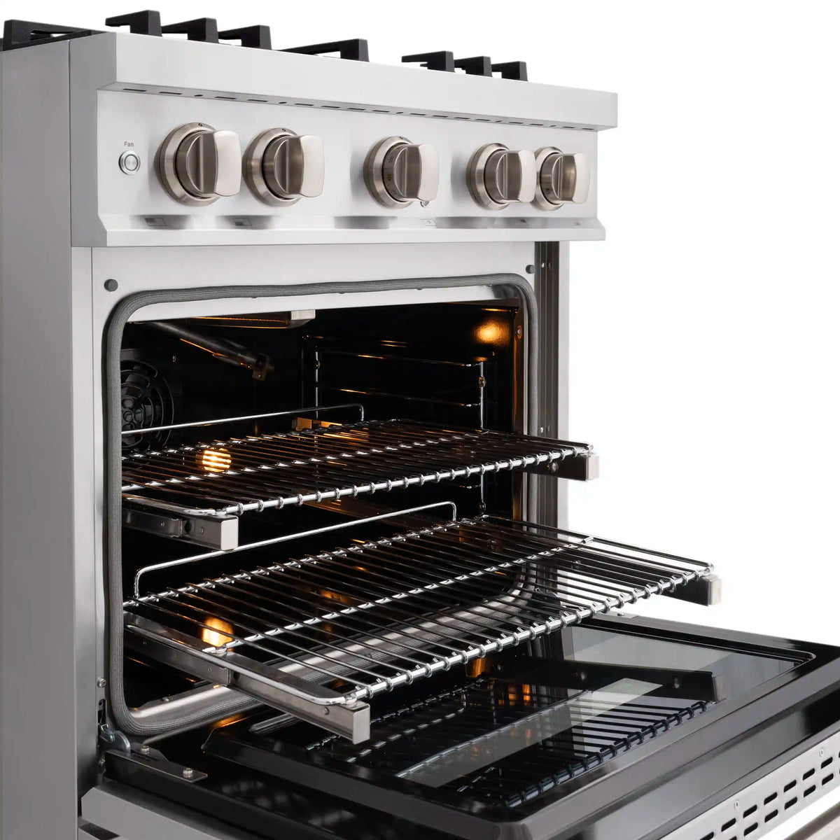 Stainless steel convection oven door open with glowing heating elements and racks