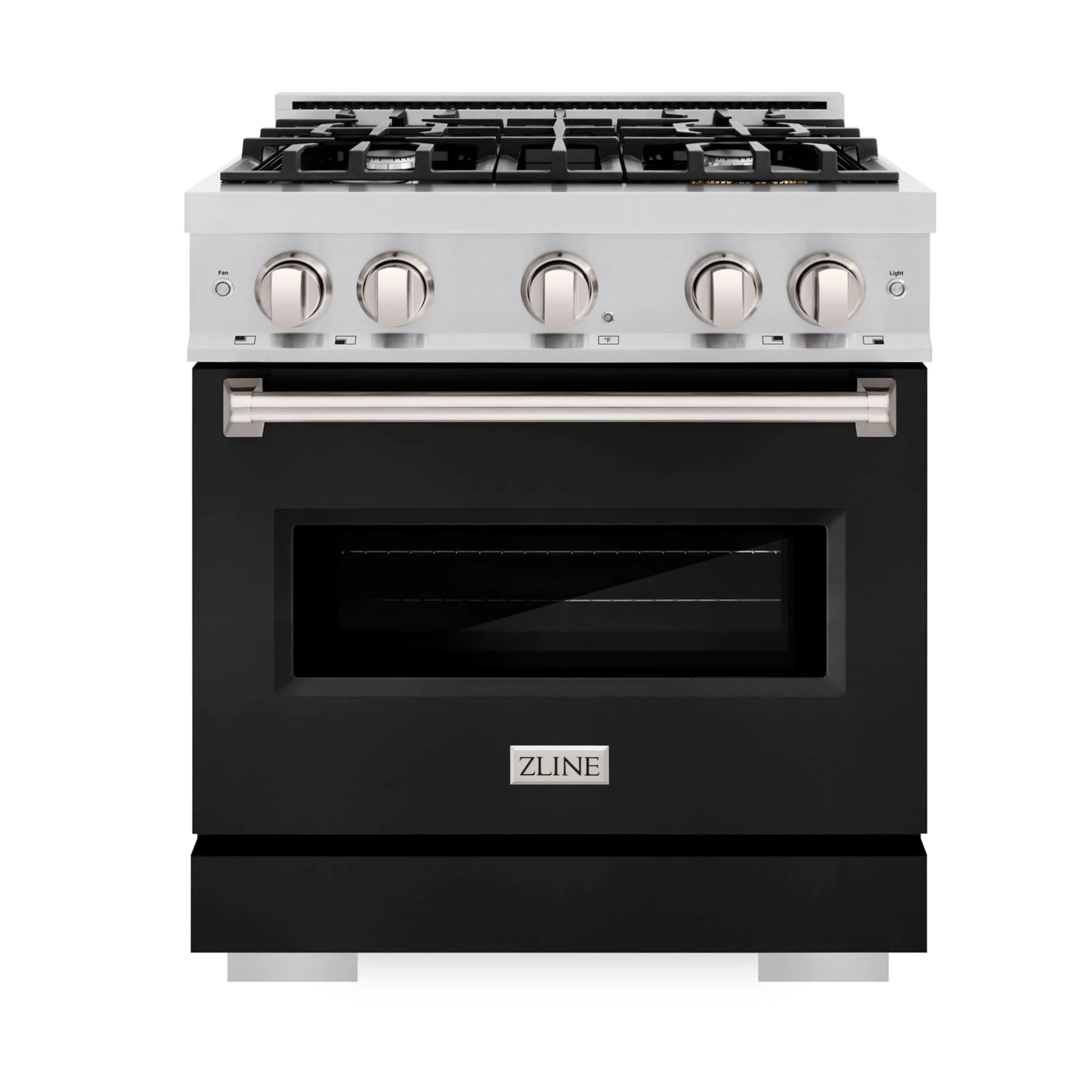 Stainless dual-fuel range front view with black matte door and centered handle