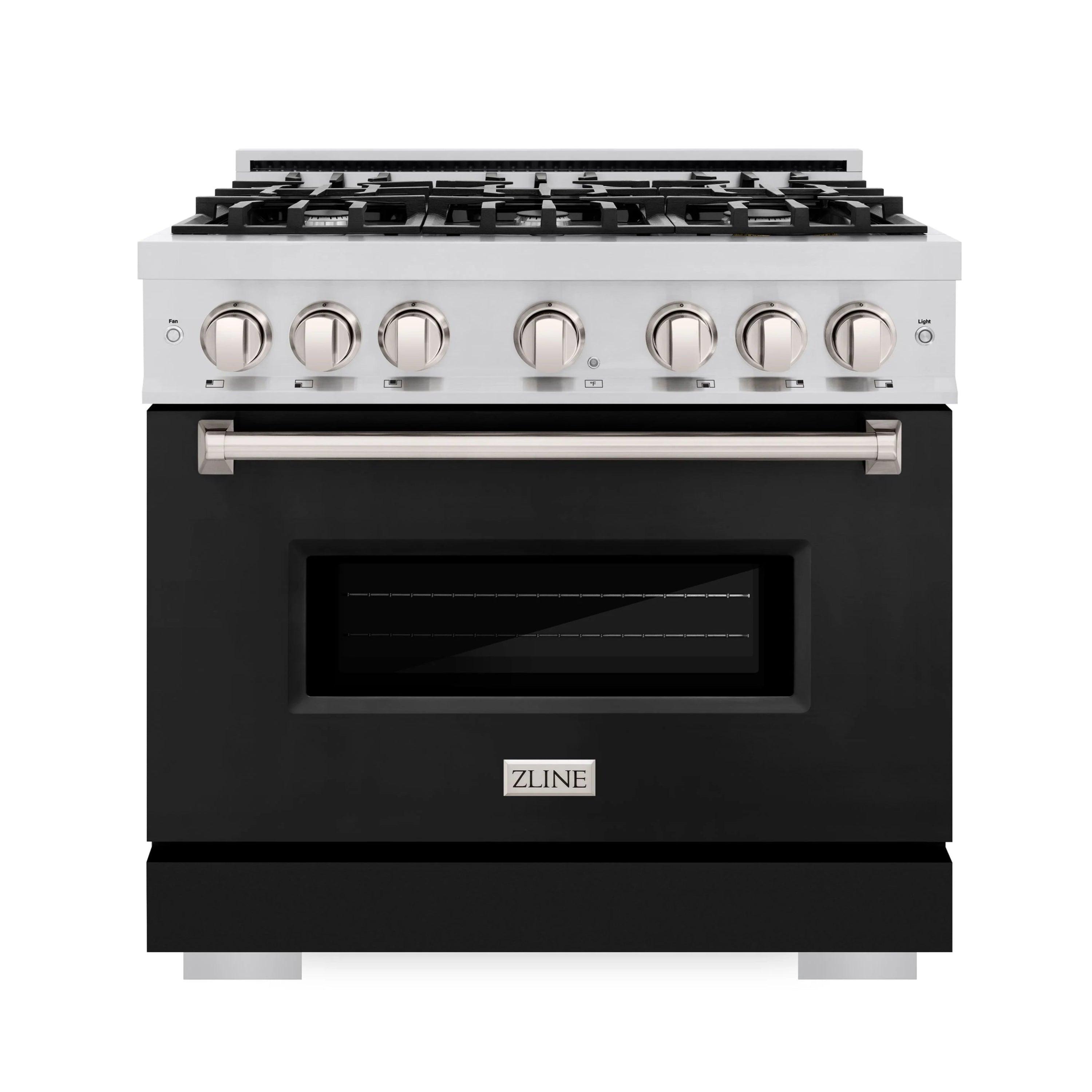 Stainless dual fuel range with six gas burners, black matte door, and control knobs