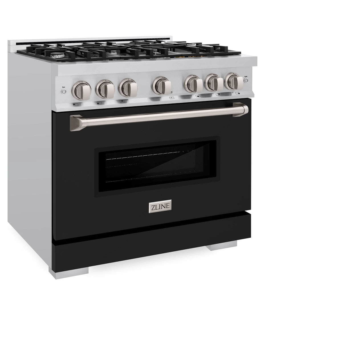 Dual fuel range with black matte door, stainless control panel, and oven window