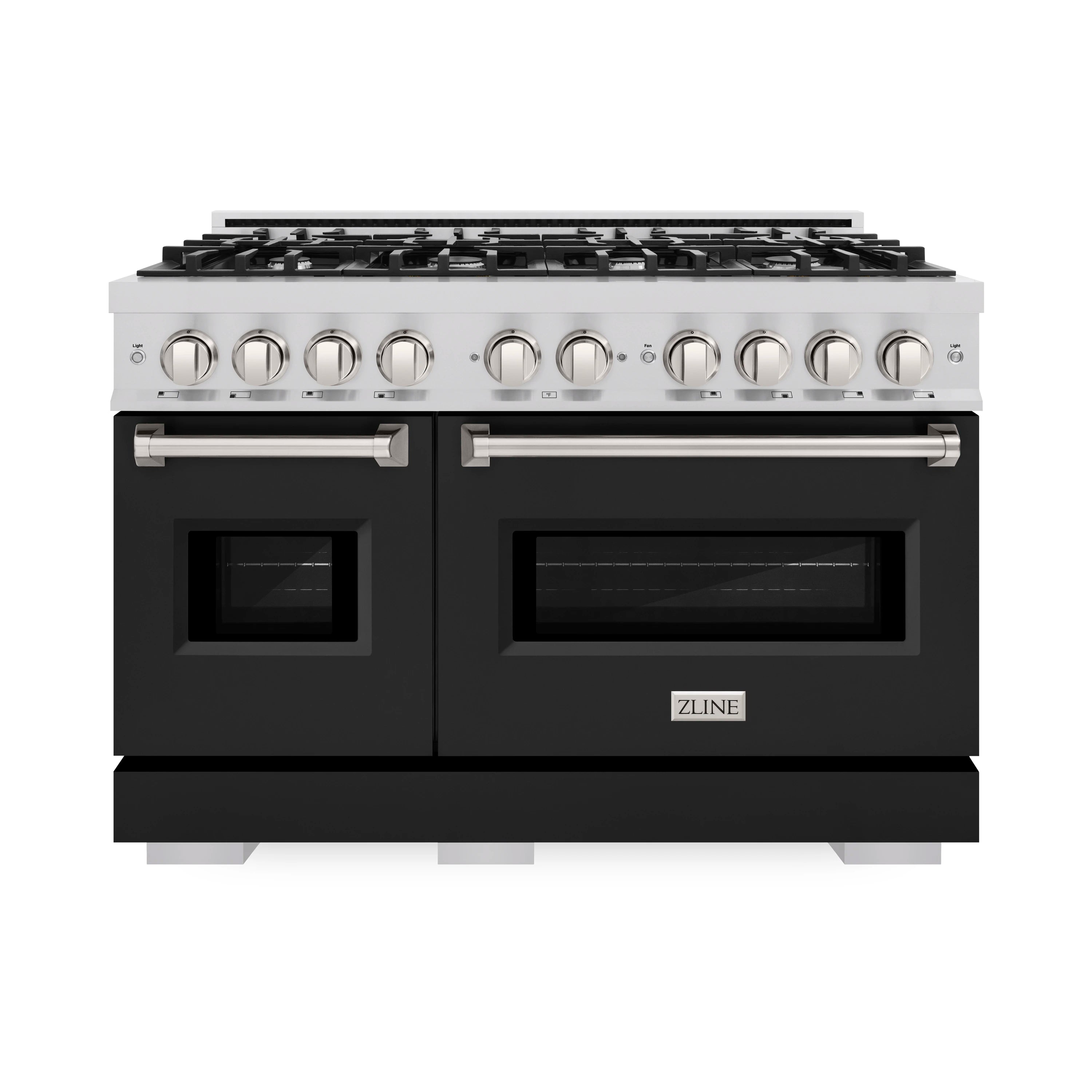 Dual fuel range front view showing stainless control panel and two black oven doors
