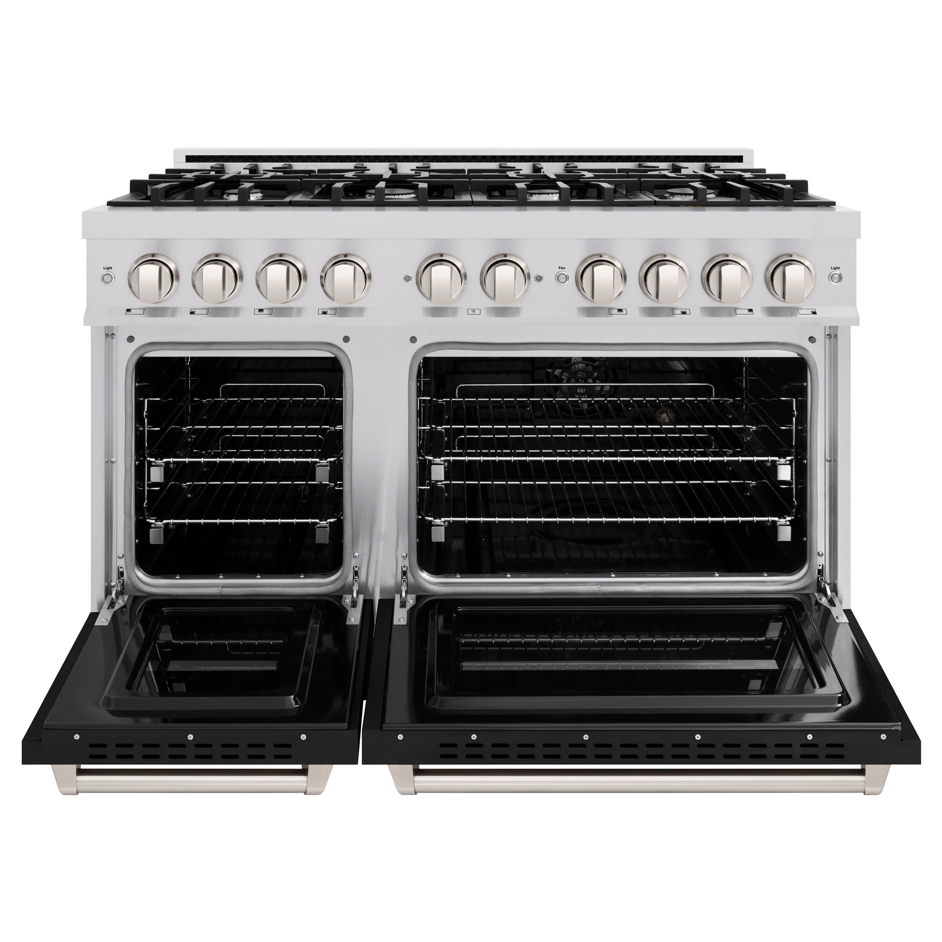 Dual fuel range with oven doors open, showing two cavities and interior racks