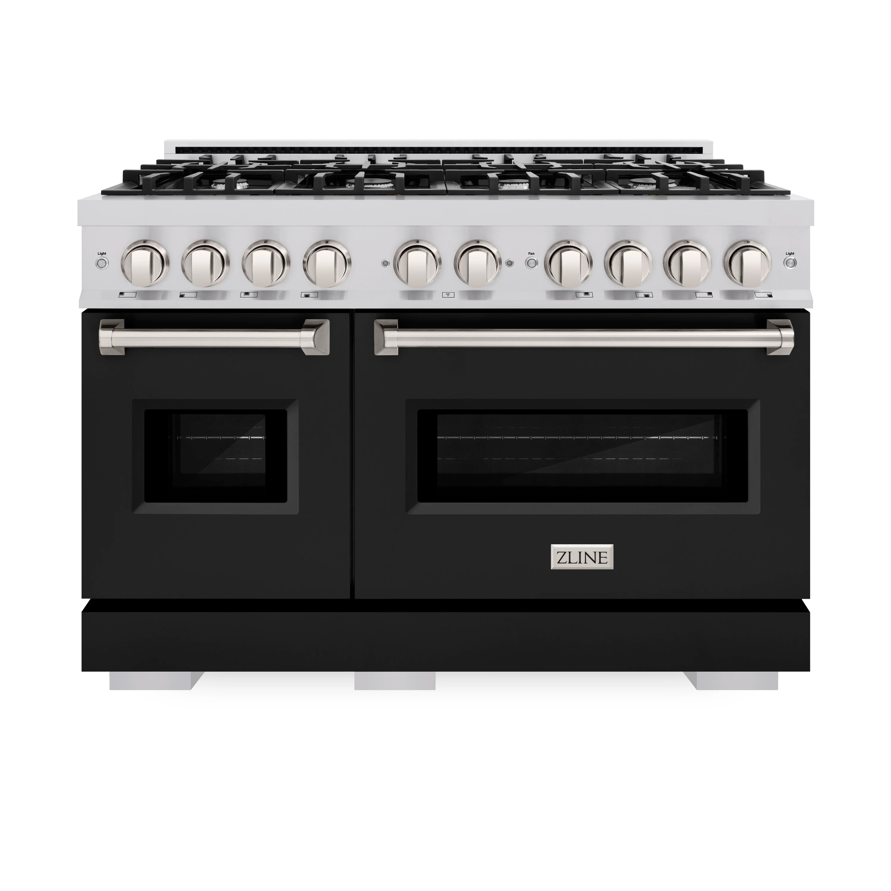 Dual fuel range front view with stainless top, black doors, and control knobs