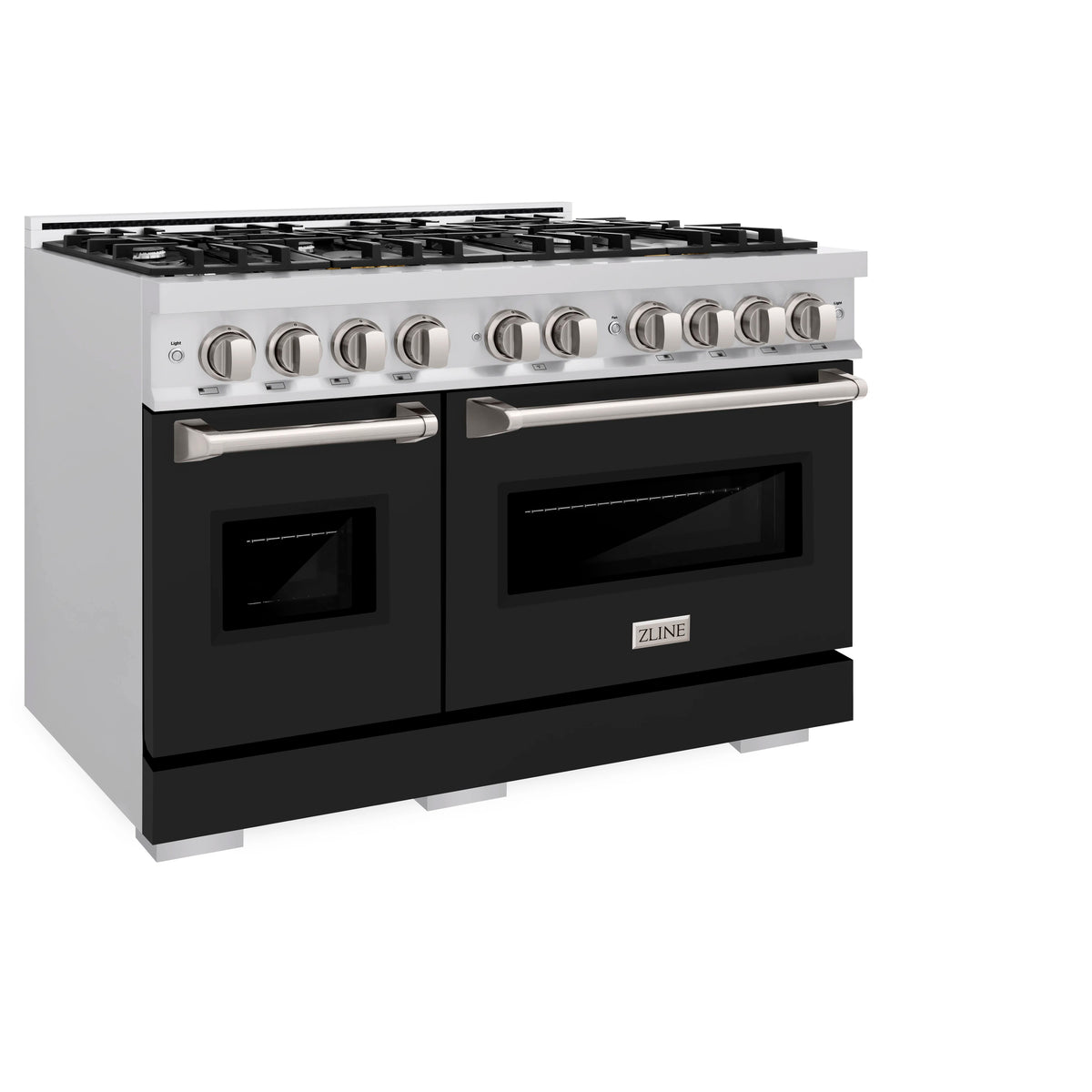 Dual fuel range angled front view with stainless top, control knobs, and black doors