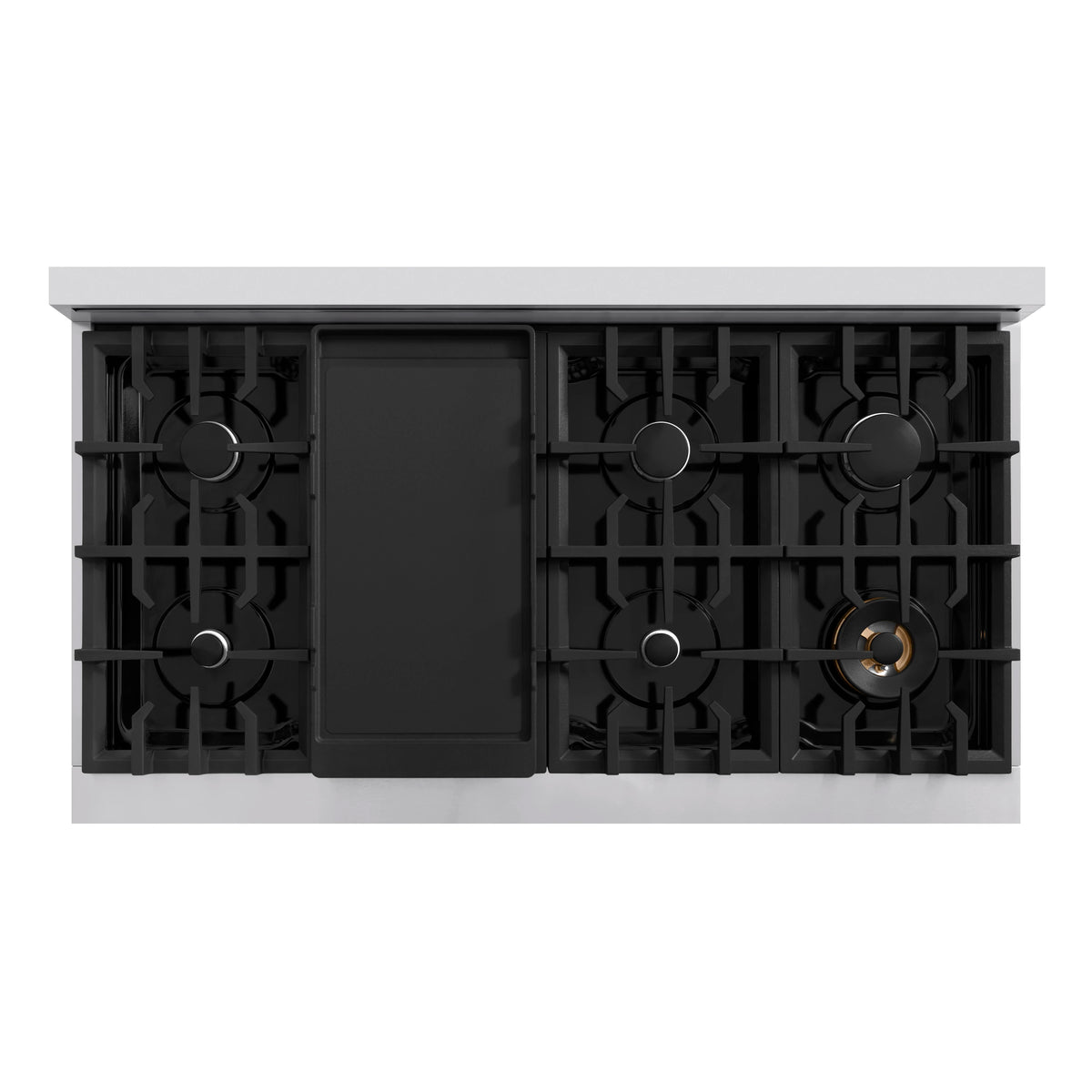 Dual fuel range cooktop underside with burner modules and black base components