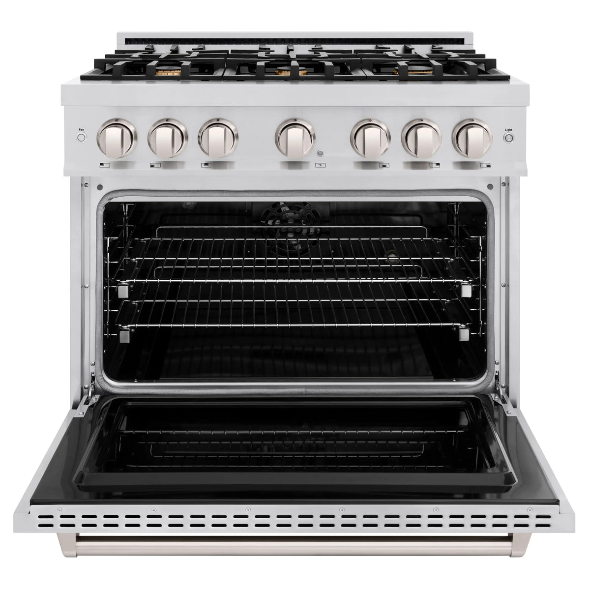 Stainless steel range with oven door open showing convection fan and racks