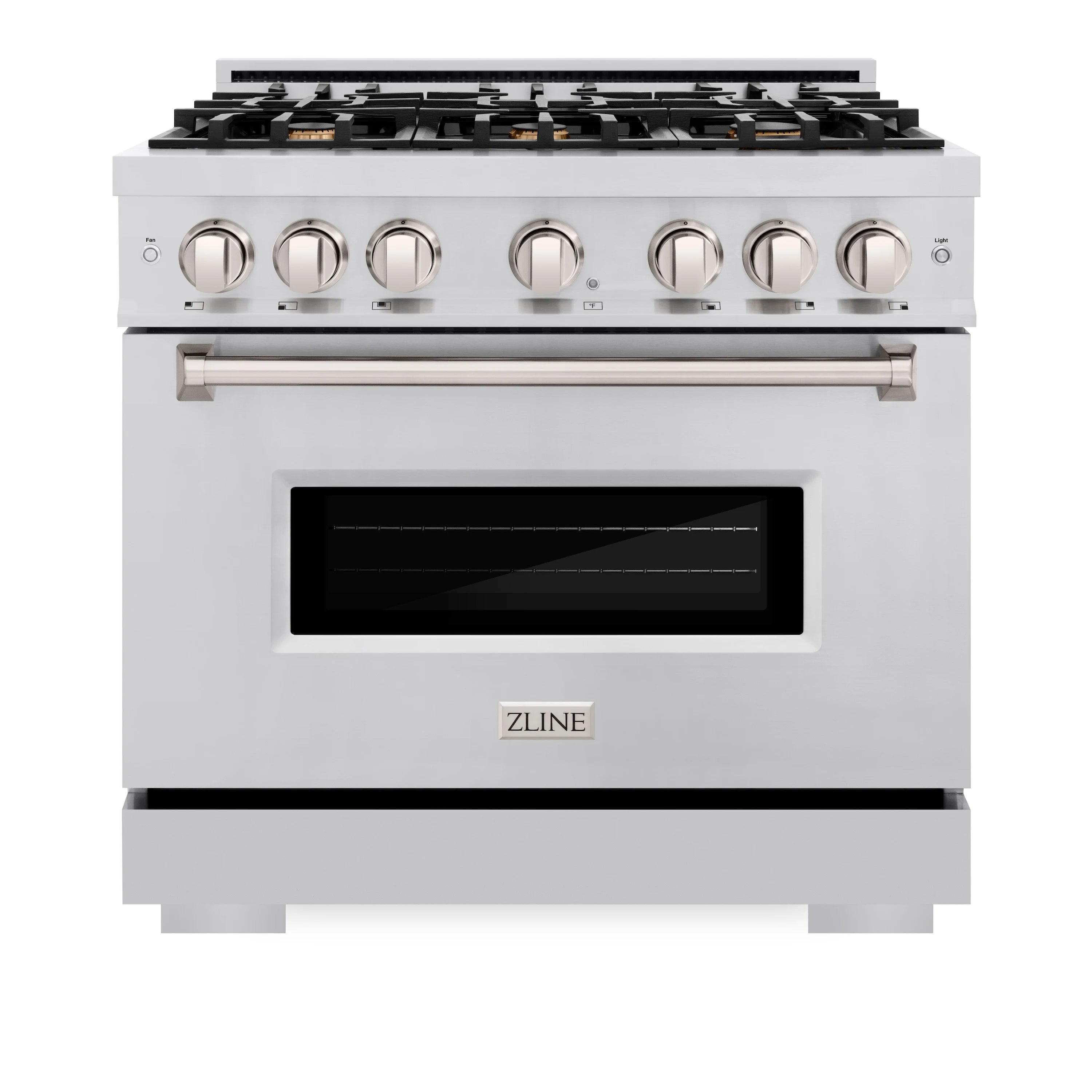 Stainless steel dual-fuel range with six burner knobs and black oven window