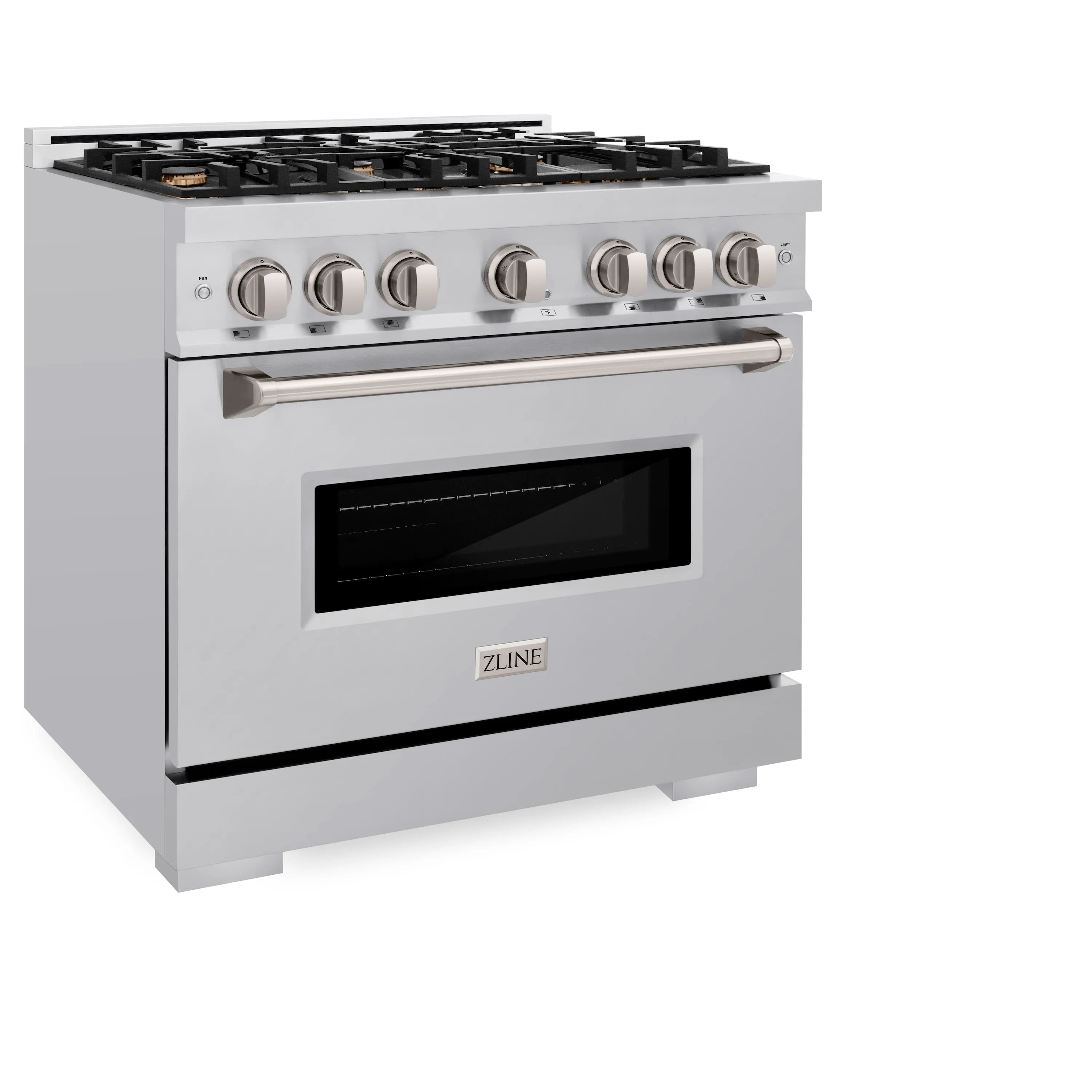 Stainless steel range with oven door open and black oven window