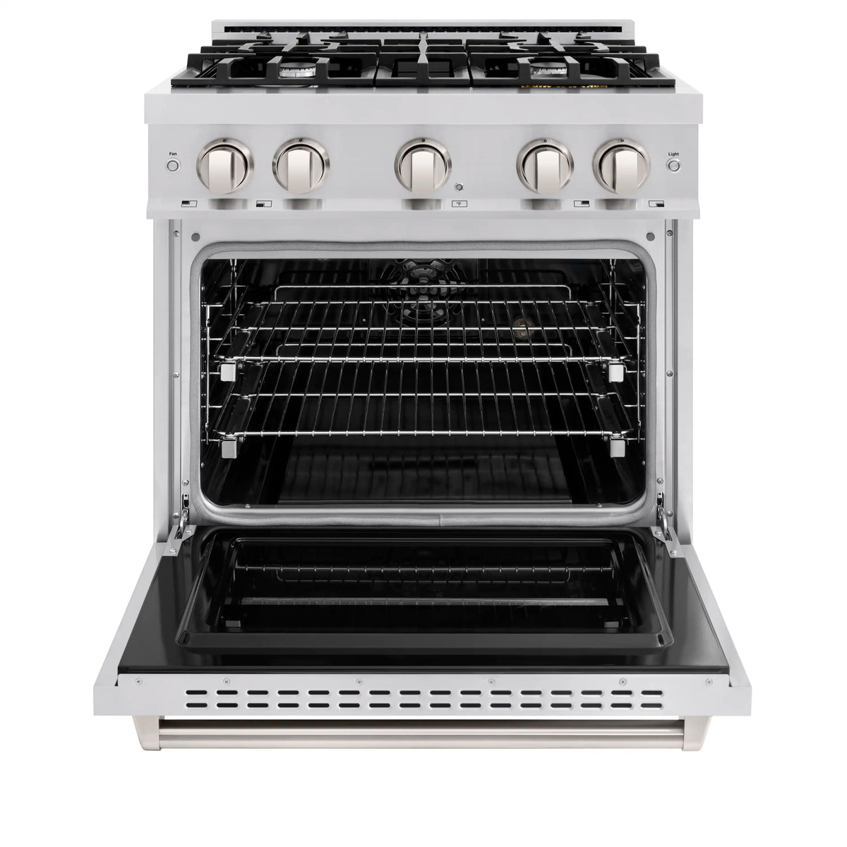 Dual-fuel range with oven door open and black racks inside