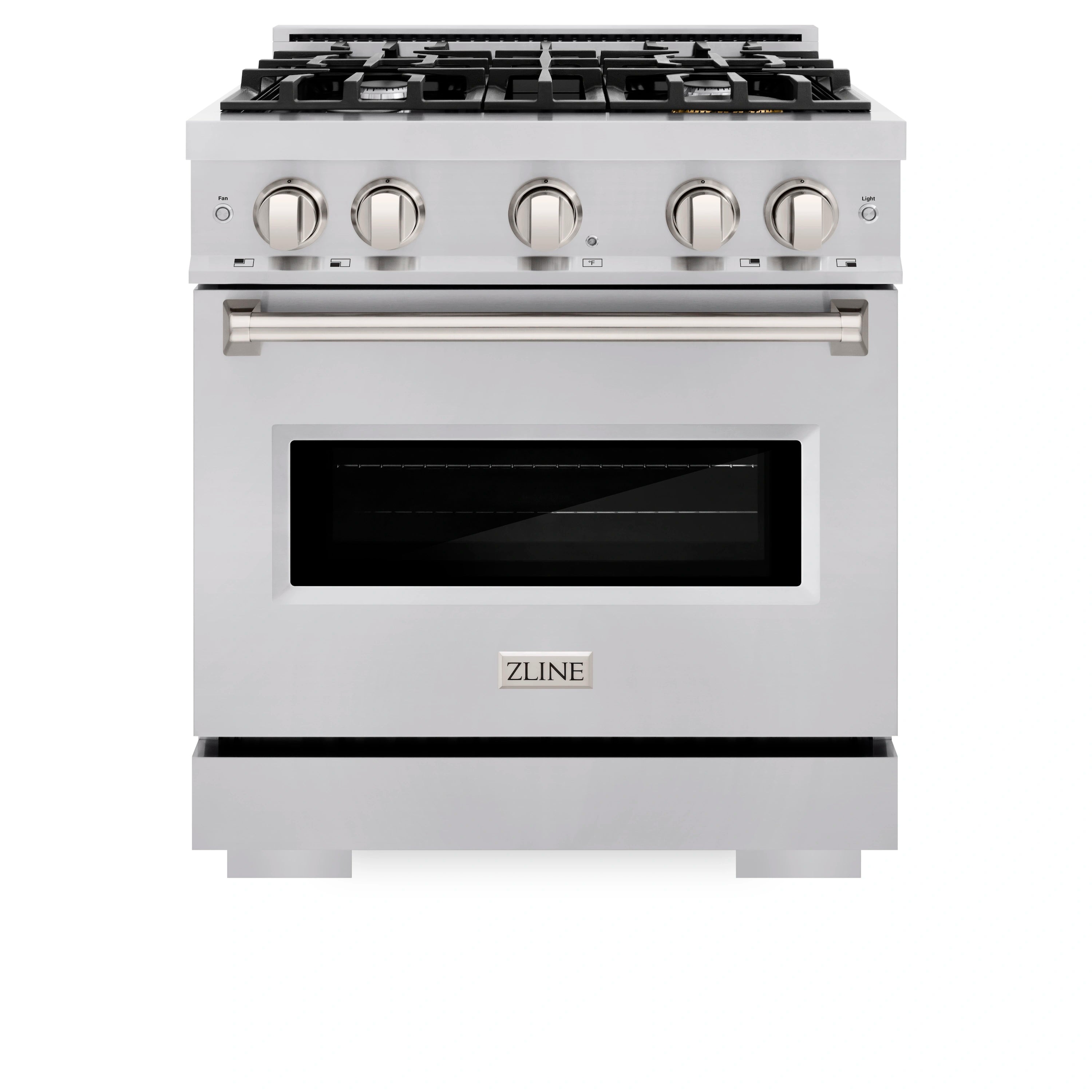 Stainless steel dual fuel range front view with four gas burner controls and oven window