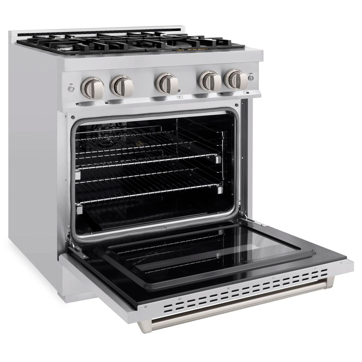 Stainless steel range with open oven door, baking racks, and black interior