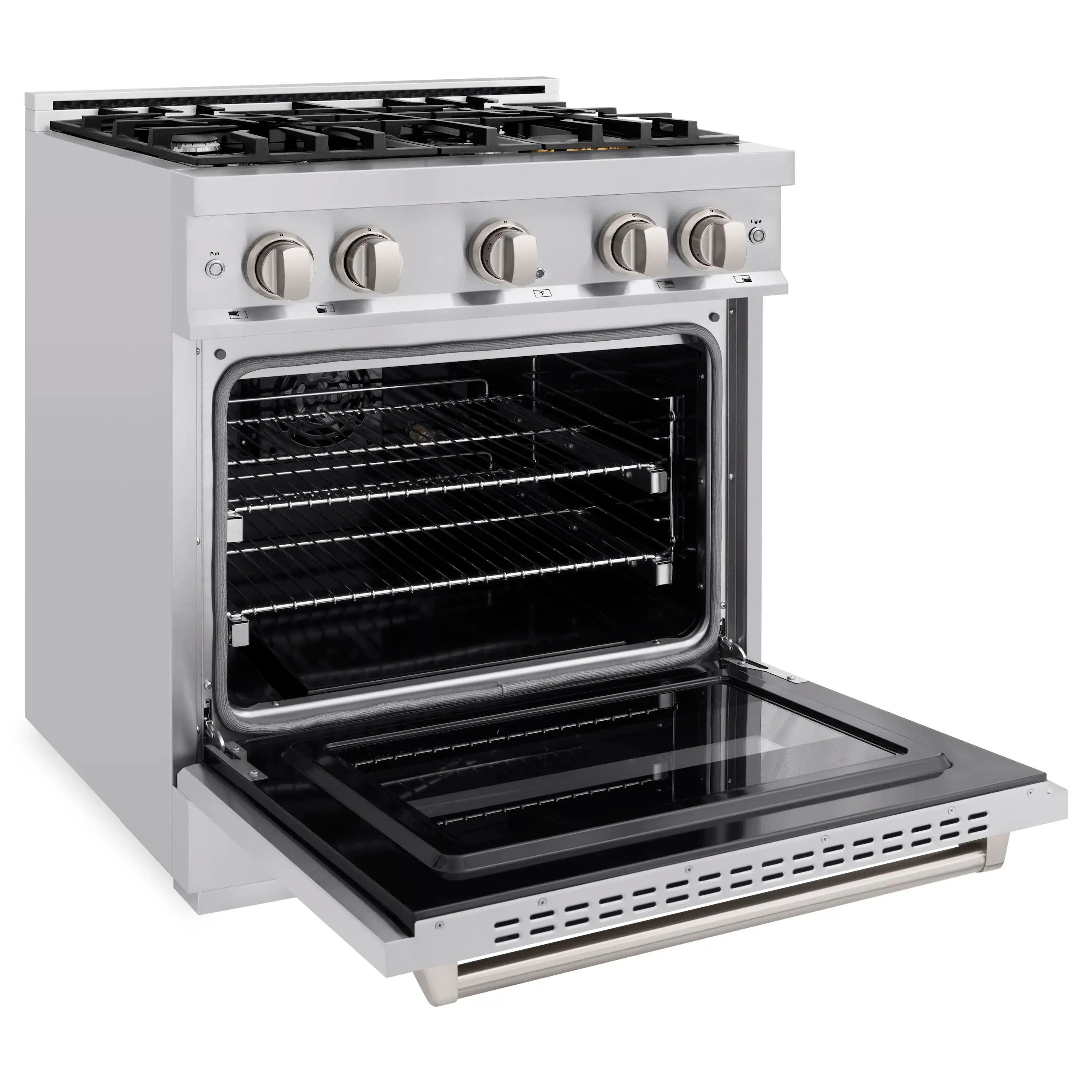 Stainless steel dual fuel range open oven door with visible oven rack and side rails