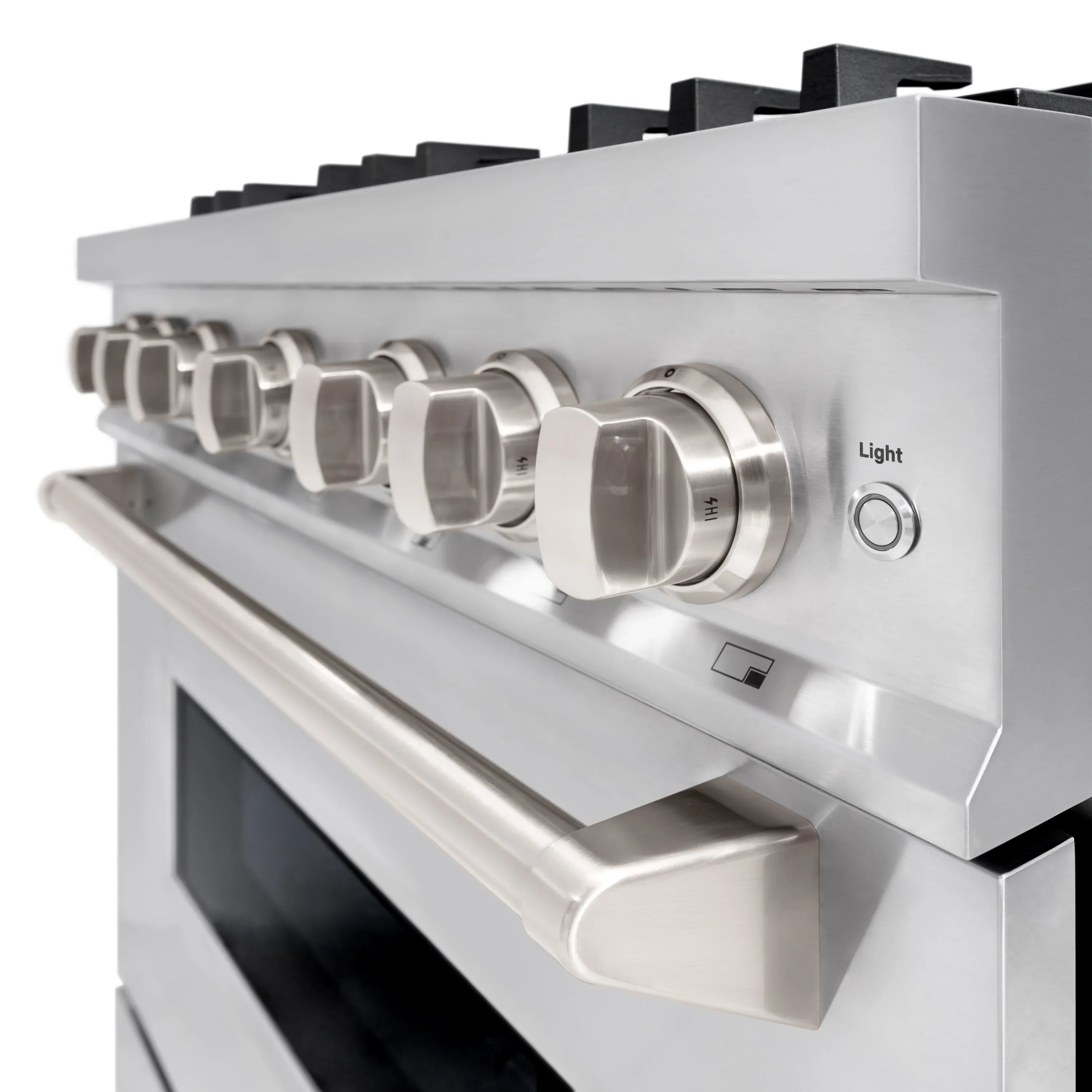 Stainless steel dual fuel range with side control panel and open storage/broil area