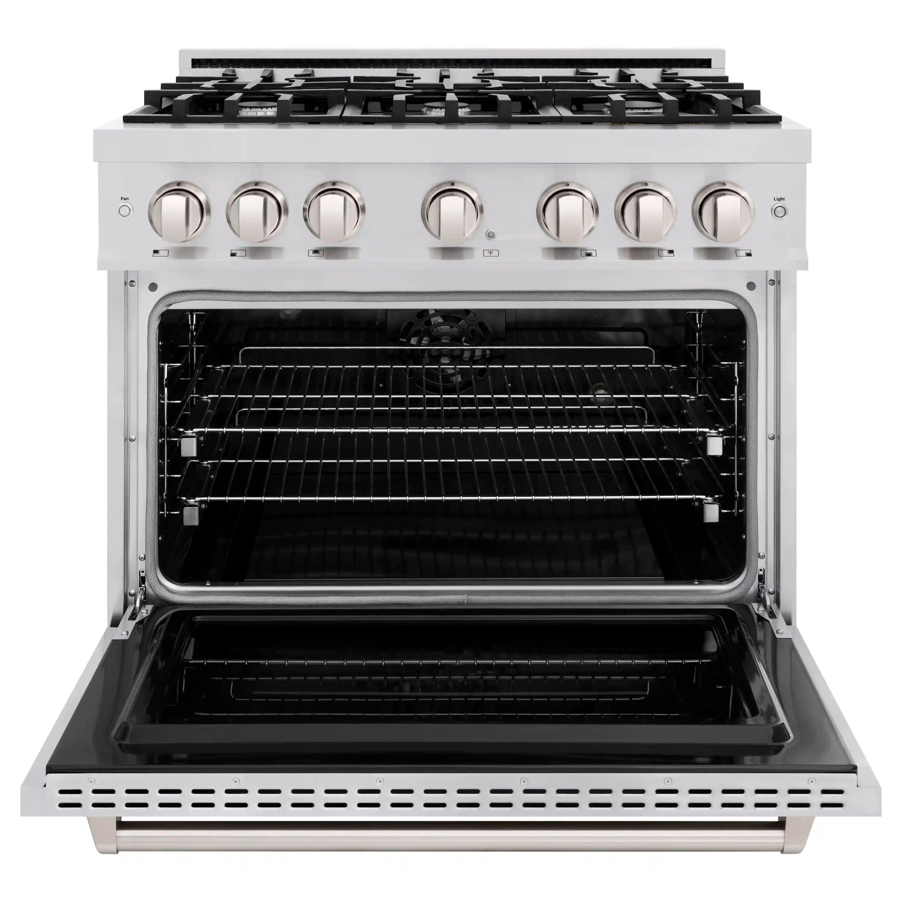 Stainless steel dual fuel range with open oven door revealing oven racks