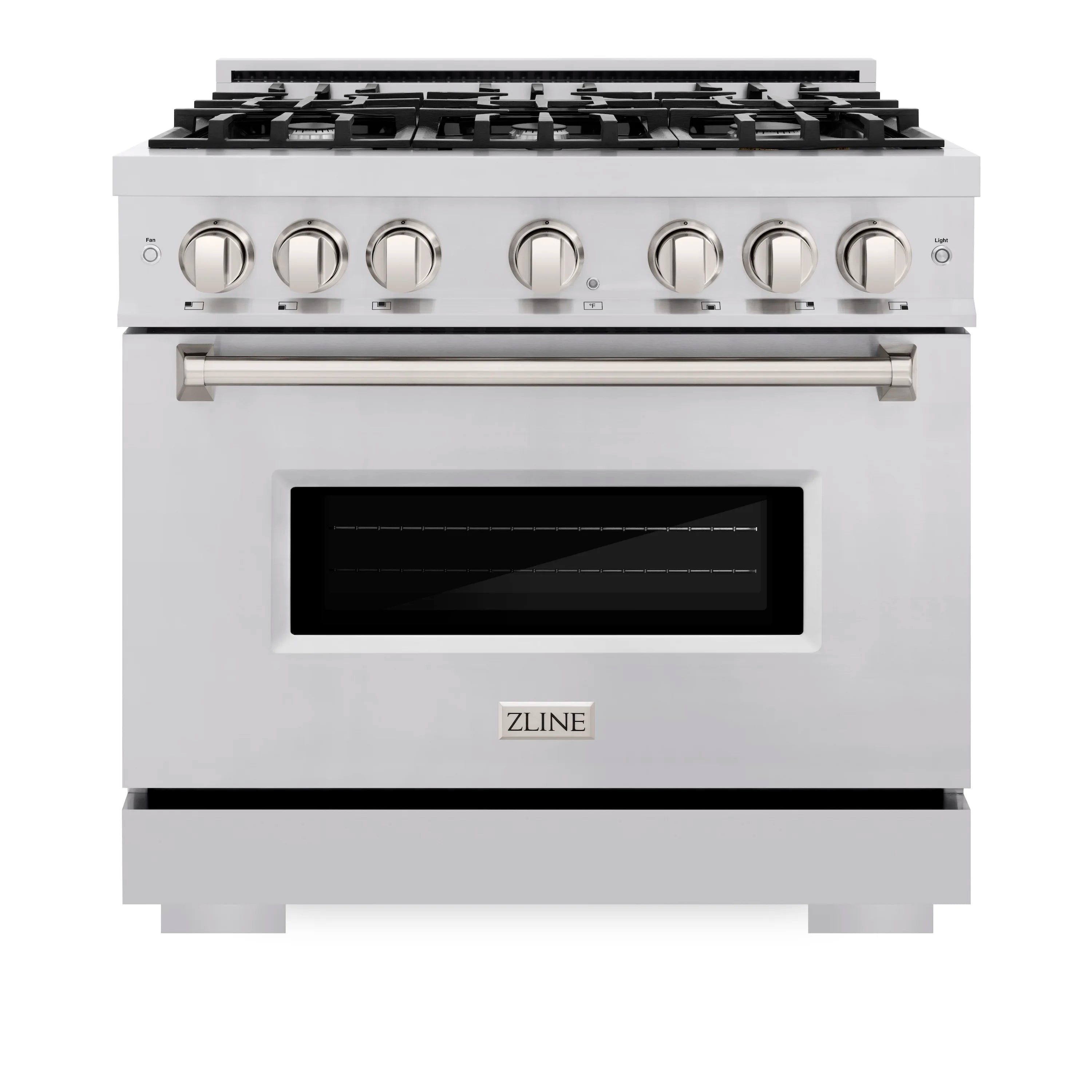 Stainless steel dual-fuel range with 6-burner gas cooktop and black window oven door