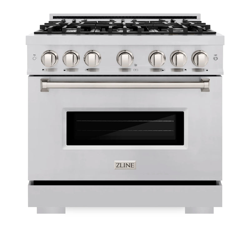 ZLINE 5-Piece Appliance Package - 36-Inch Dual Fuel Range, Hood, Refrigerator, Dishwasher, and Microwave Drawer in Stainless Steel