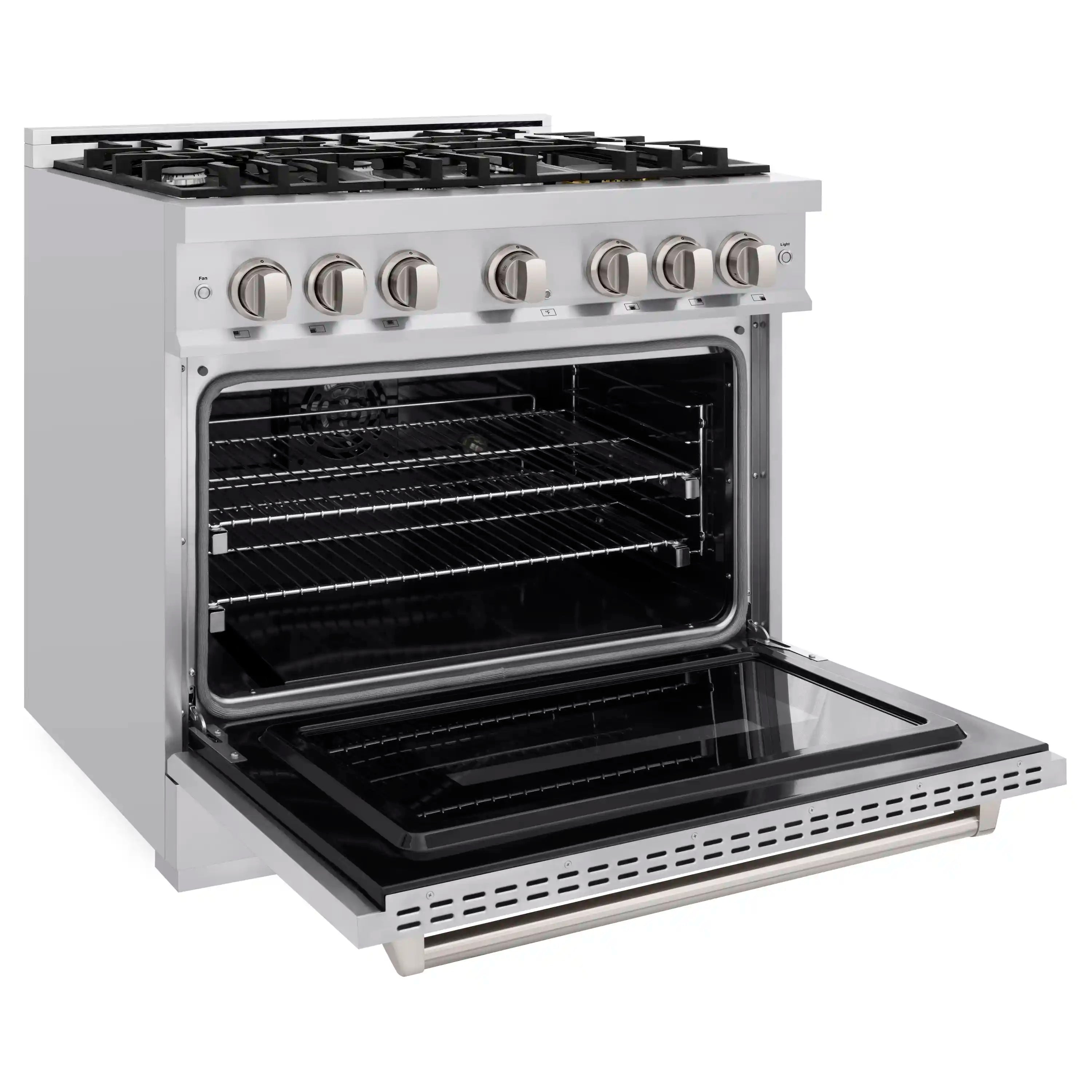 Stainless steel dual fuel range with open oven door and broiler tray