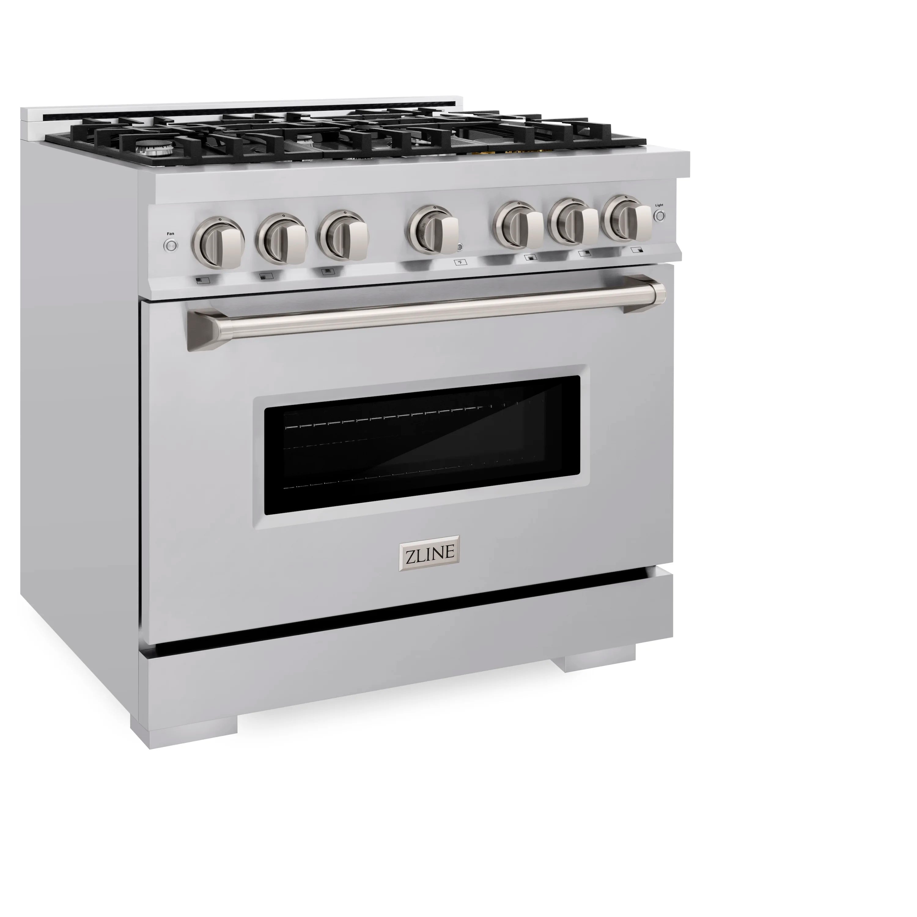Stainless steel dual-fuel range with 6 gas burners and dark oven door window