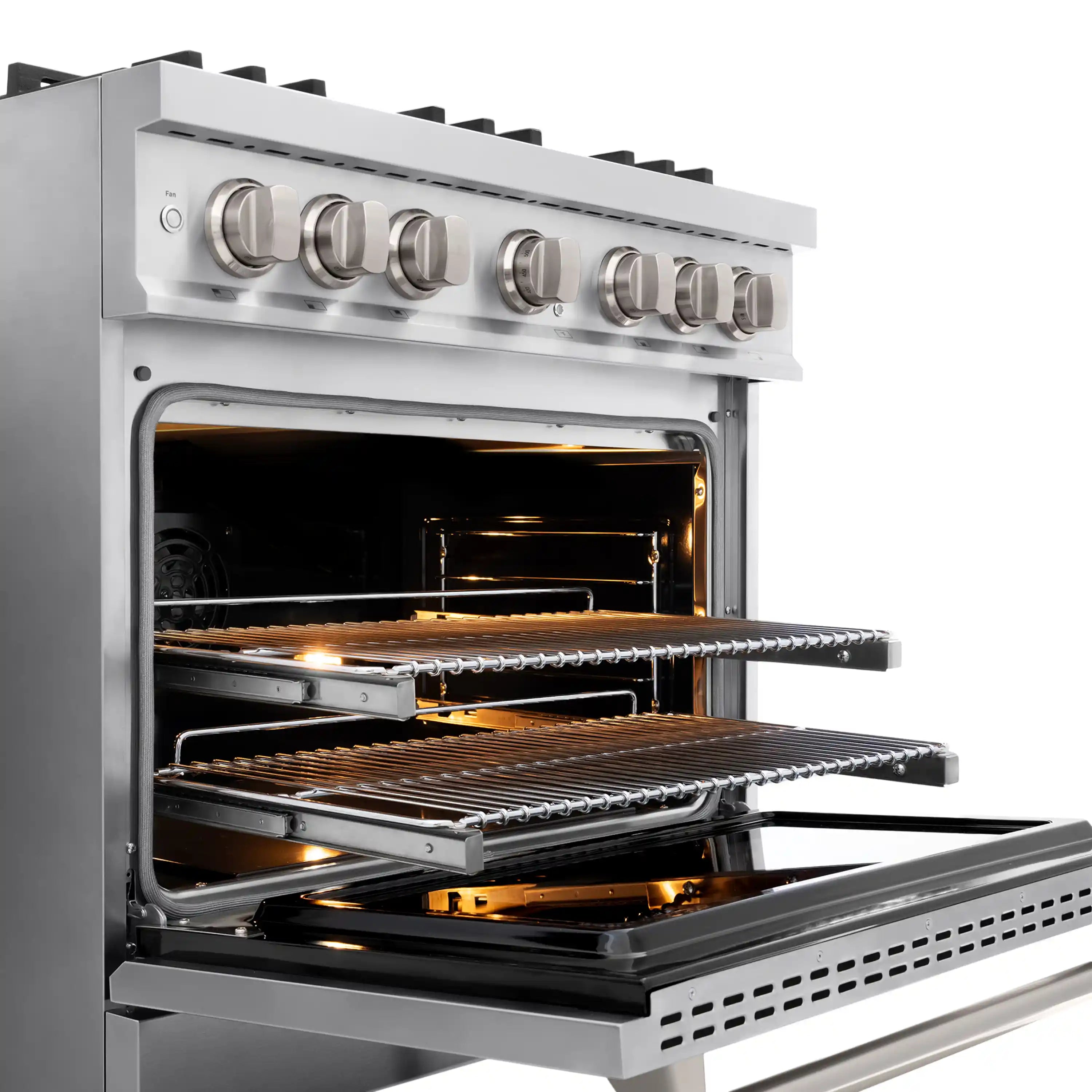 Stainless steel oven interior with racks and warm bake light