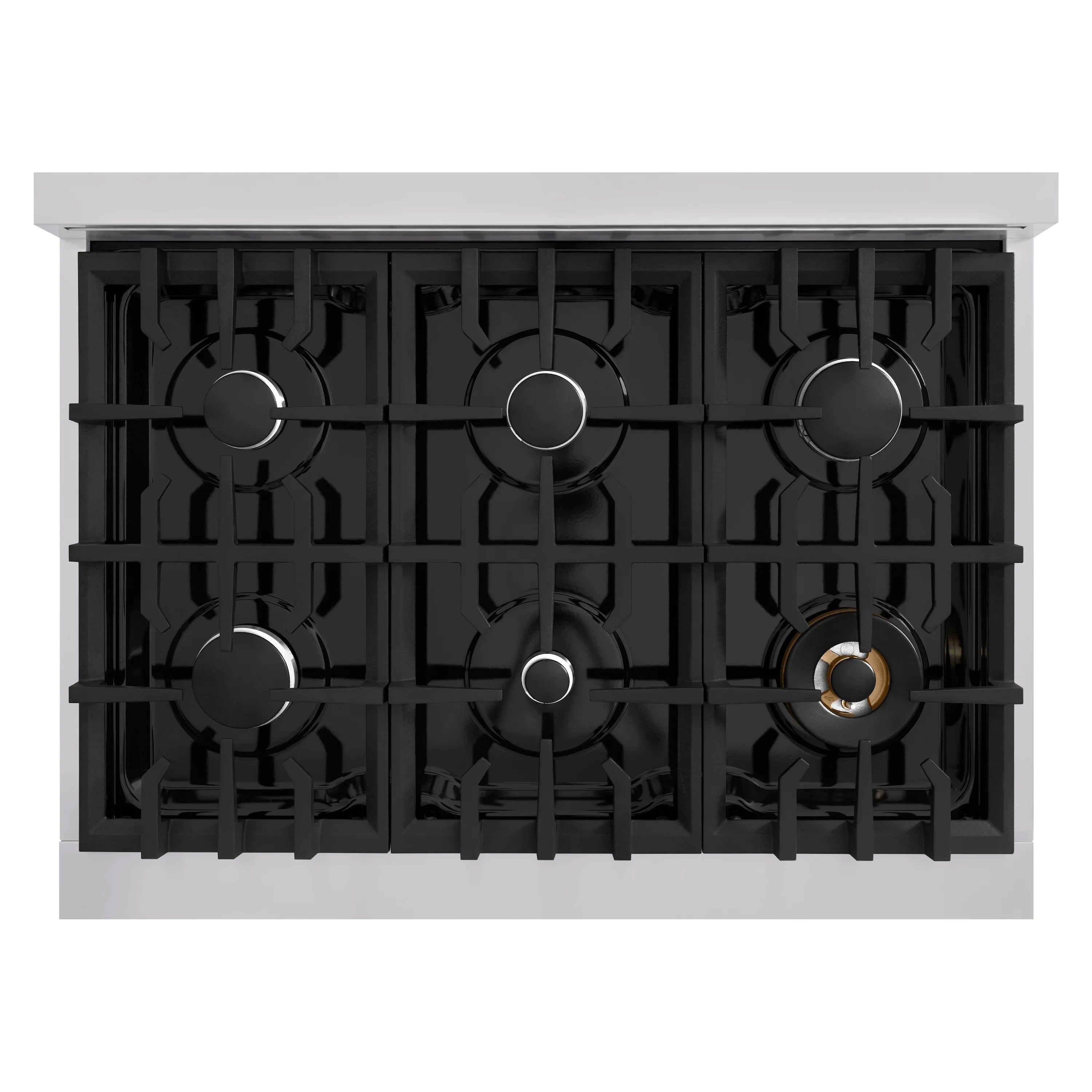 Black cast-iron grates for 6-burner gas cooktop on a stainless steel range
