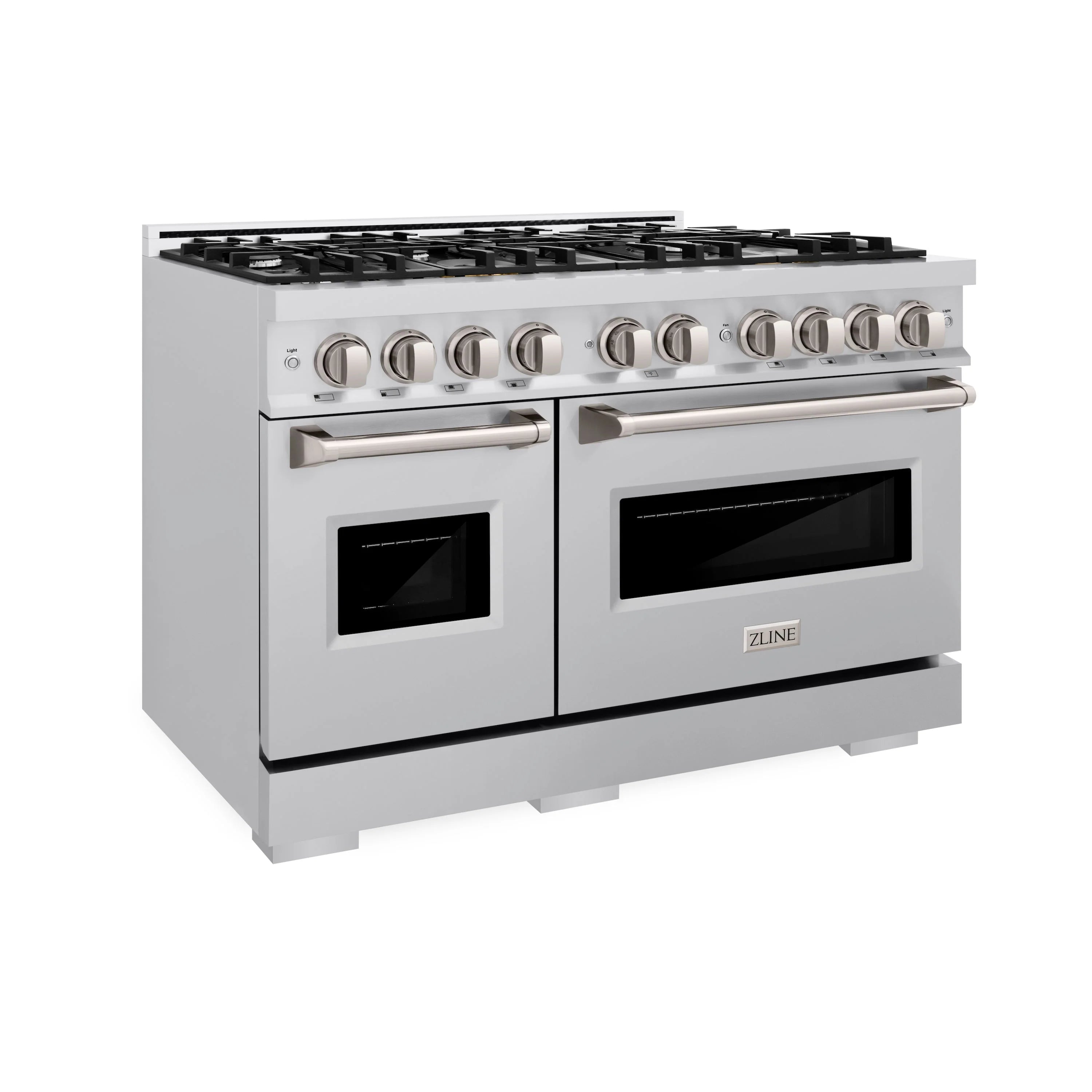 Stainless steel dual-fuel range with two oven doors and control knobs