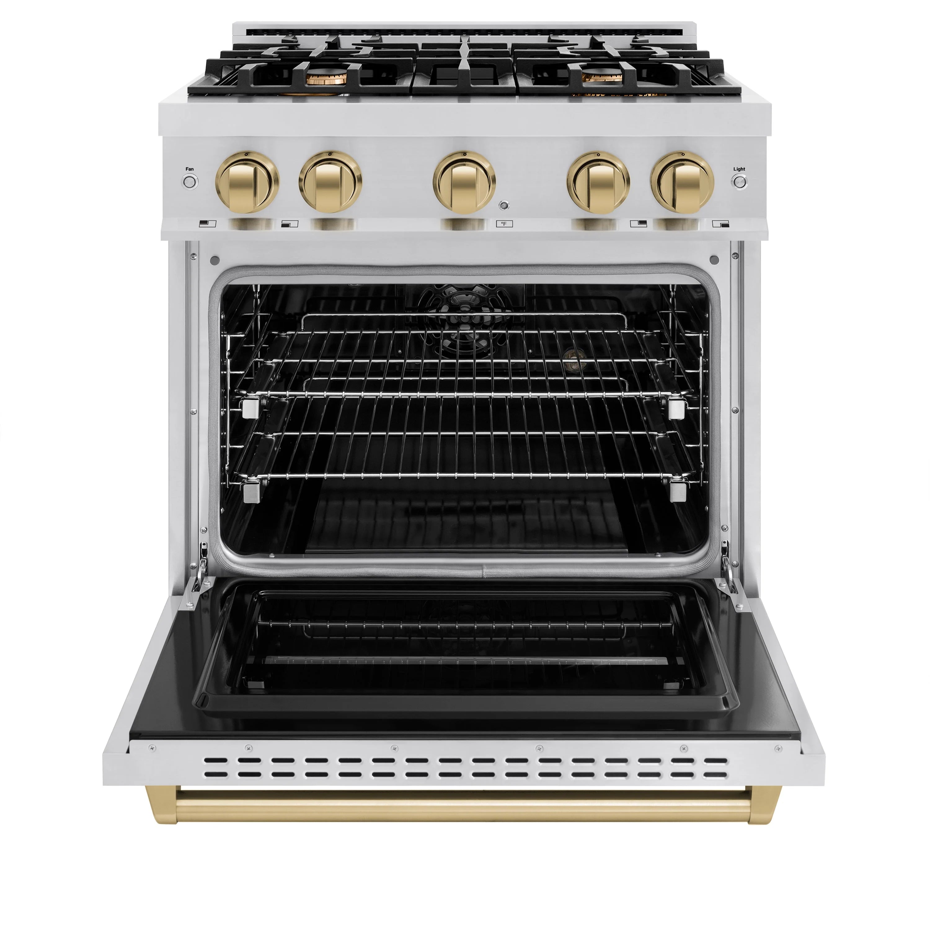 Stainless steel oven cavity with wire racks and open door
