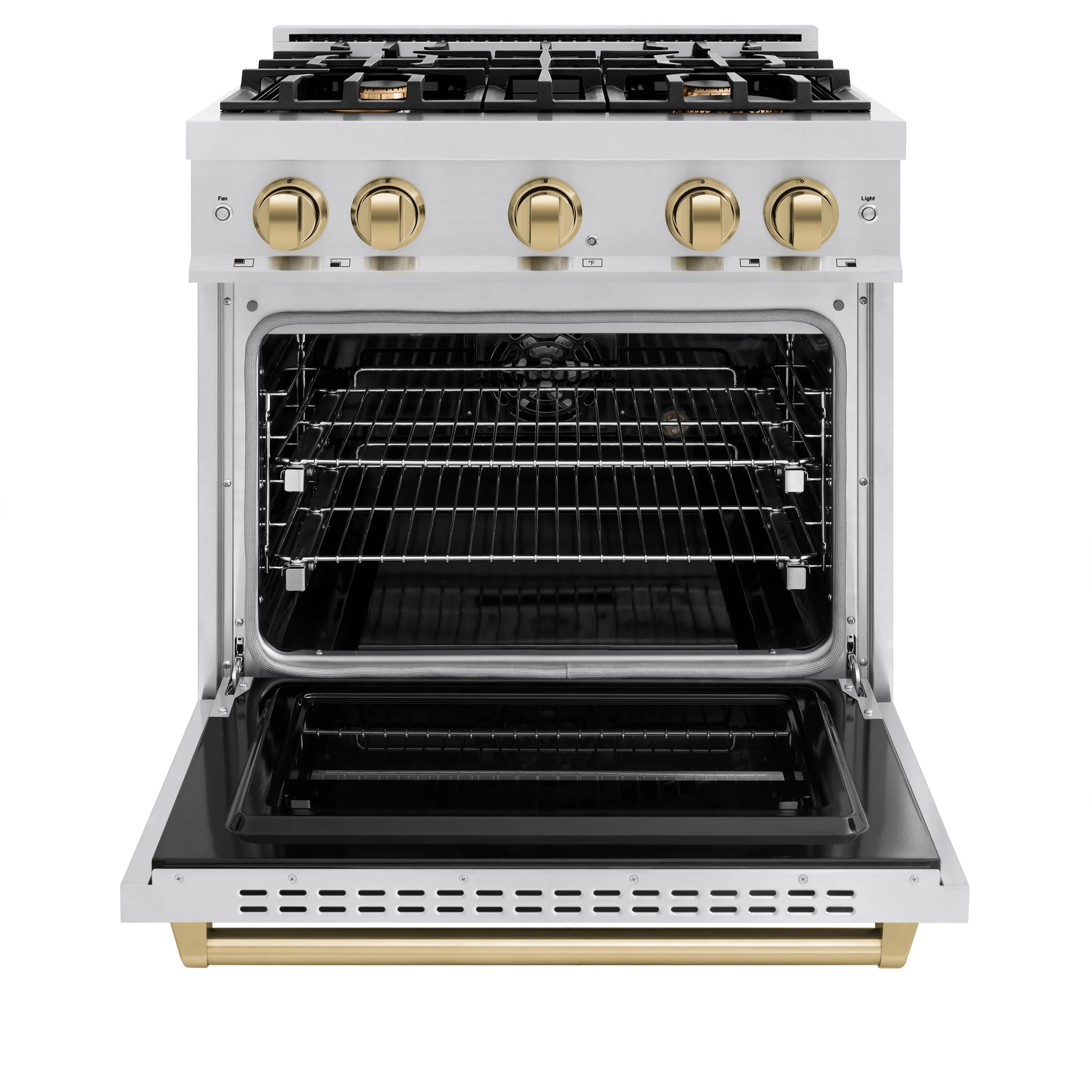 Dual fuel range with open oven door, black racks, and champagne bronze control knobs