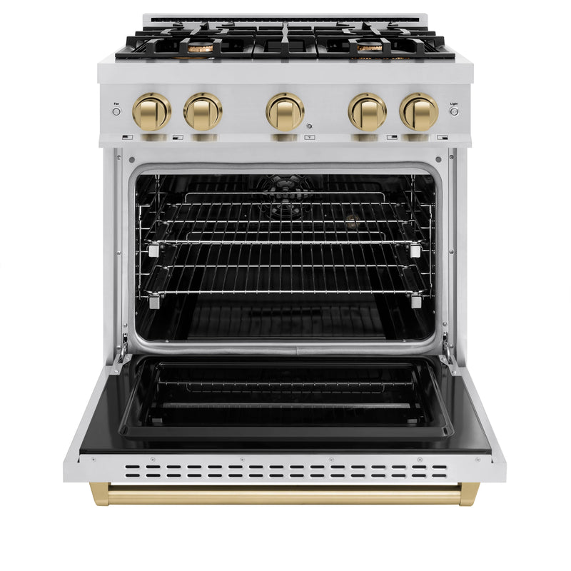 ZLINE Autograph Edition 30-Inch Classic Series Dual Fuel Range with 4 Gas Burner Cooktop and 4.2 Cu. Ft. Electric Convection Oven in Stainless Steel with Champagne Bronze Accents (CDRZ-30-CB)