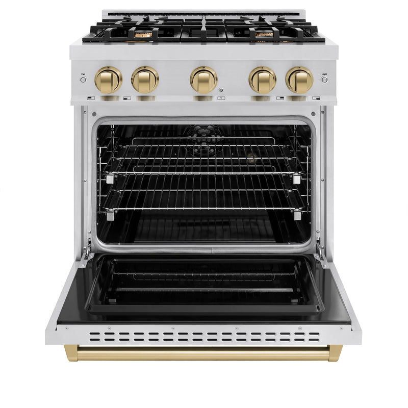 ZLINE 4-Piece Appliance Package - 30-Inch Dual Fuel Range, Hood, Refrigerator, and Dishwasher in Stainless Steel with Champagne Bronze Accents