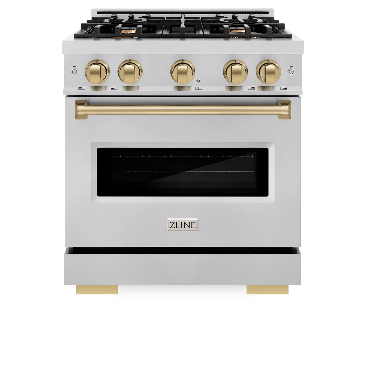 Stainless steel dual fuel range with champagne bronze control knobs and oven door