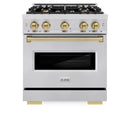 ZLINE 5-Piece Appliance Package - 30-Inch Autograph Edition Dual Fuel Range, Wall Mount Range Hood, 36-Inch French Door Refrigerator with Water Dispenser, Dishwasher, and 30-Inch Microwave Drawer in Stainless Steel with Champagne Bronze Accents