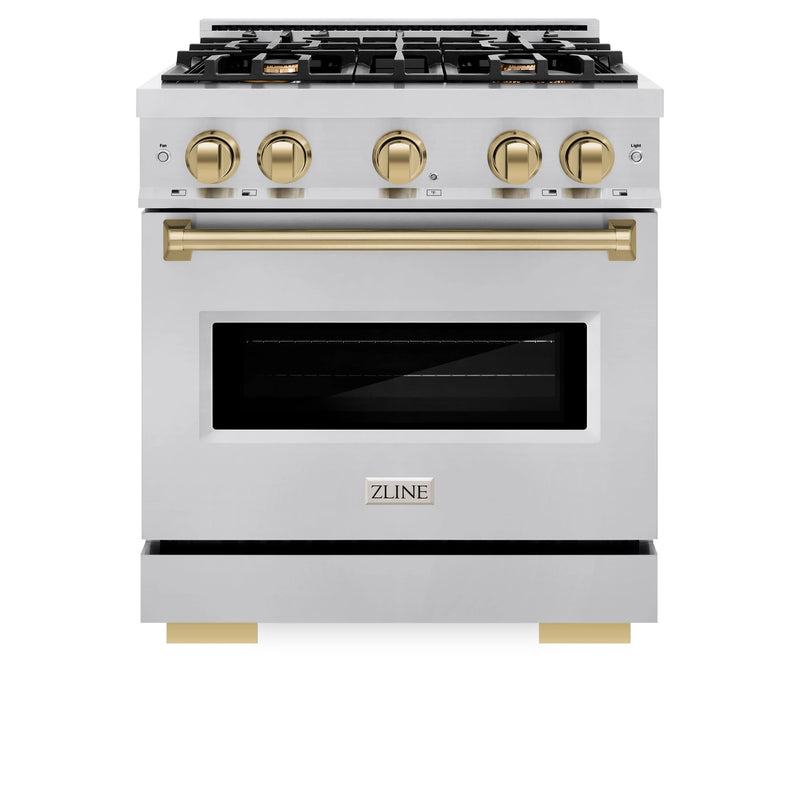 ZLINE Autograph Edition 30-Inch Classic Series Dual Fuel Range with 4 Gas Burner Cooktop and 4.2 Cu. Ft. Electric Convection Oven in Stainless Steel with Champagne Bronze Accents (CDRZ-30-CB)