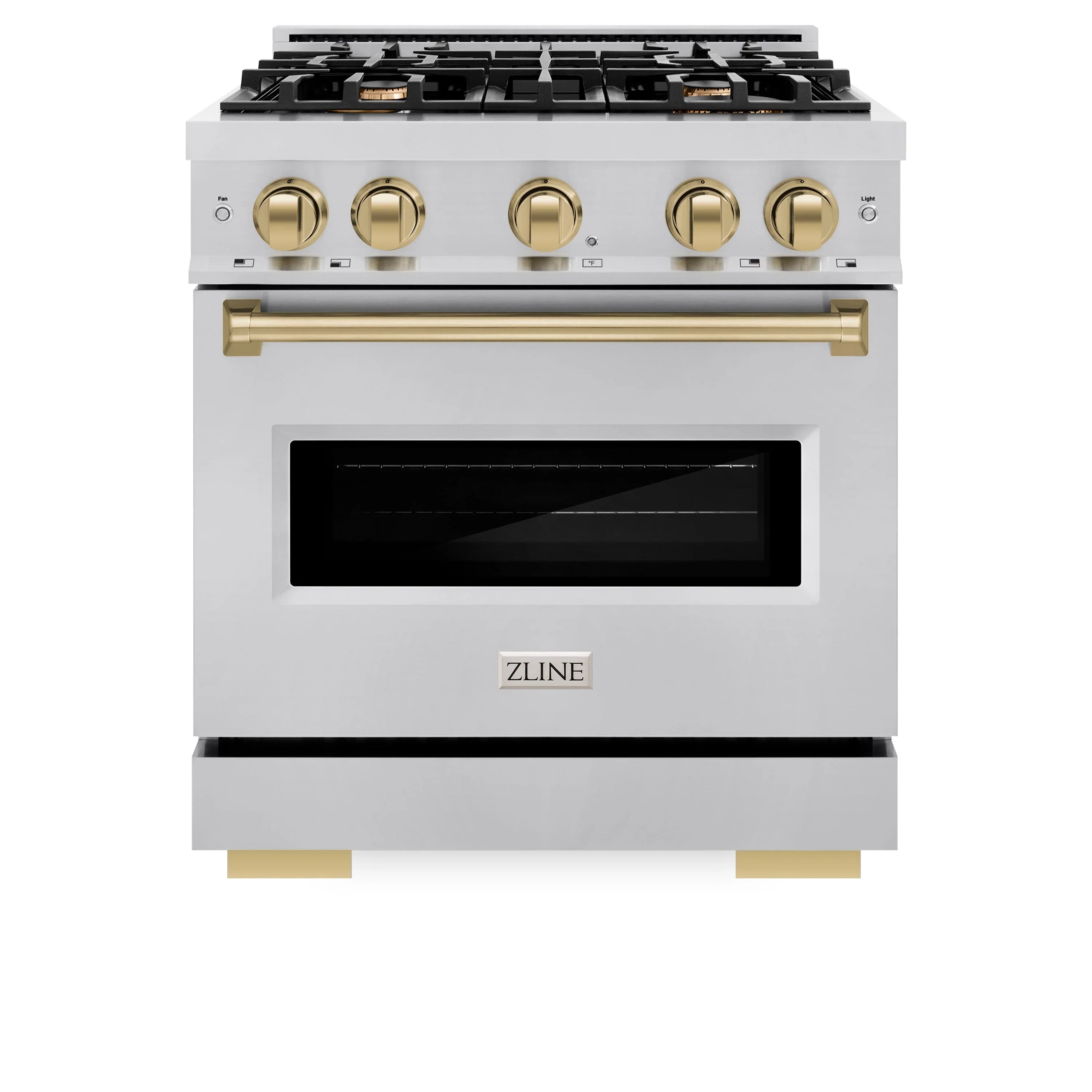 ZLINE dual fuel range, stainless steel front with champagne bronze control knobs