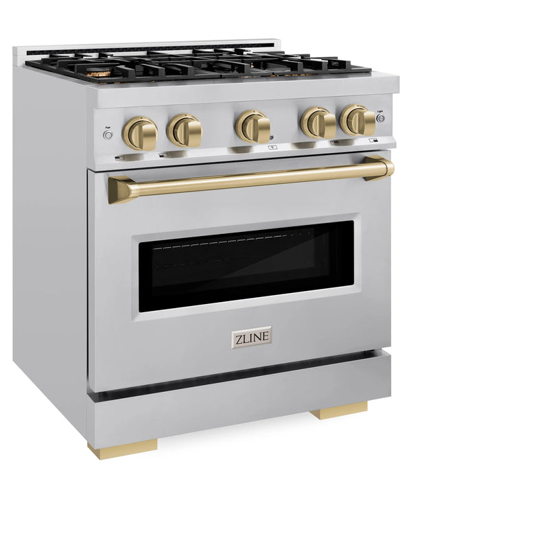 ZLINE Autograph Edition 30-Inch Classic Series Dual Fuel Range with 4 Gas Burner Cooktop and 4.2 Cu. Ft. Electric Convection Oven in Stainless Steel with Champagne Bronze Accents (CDRZ-30-CB)