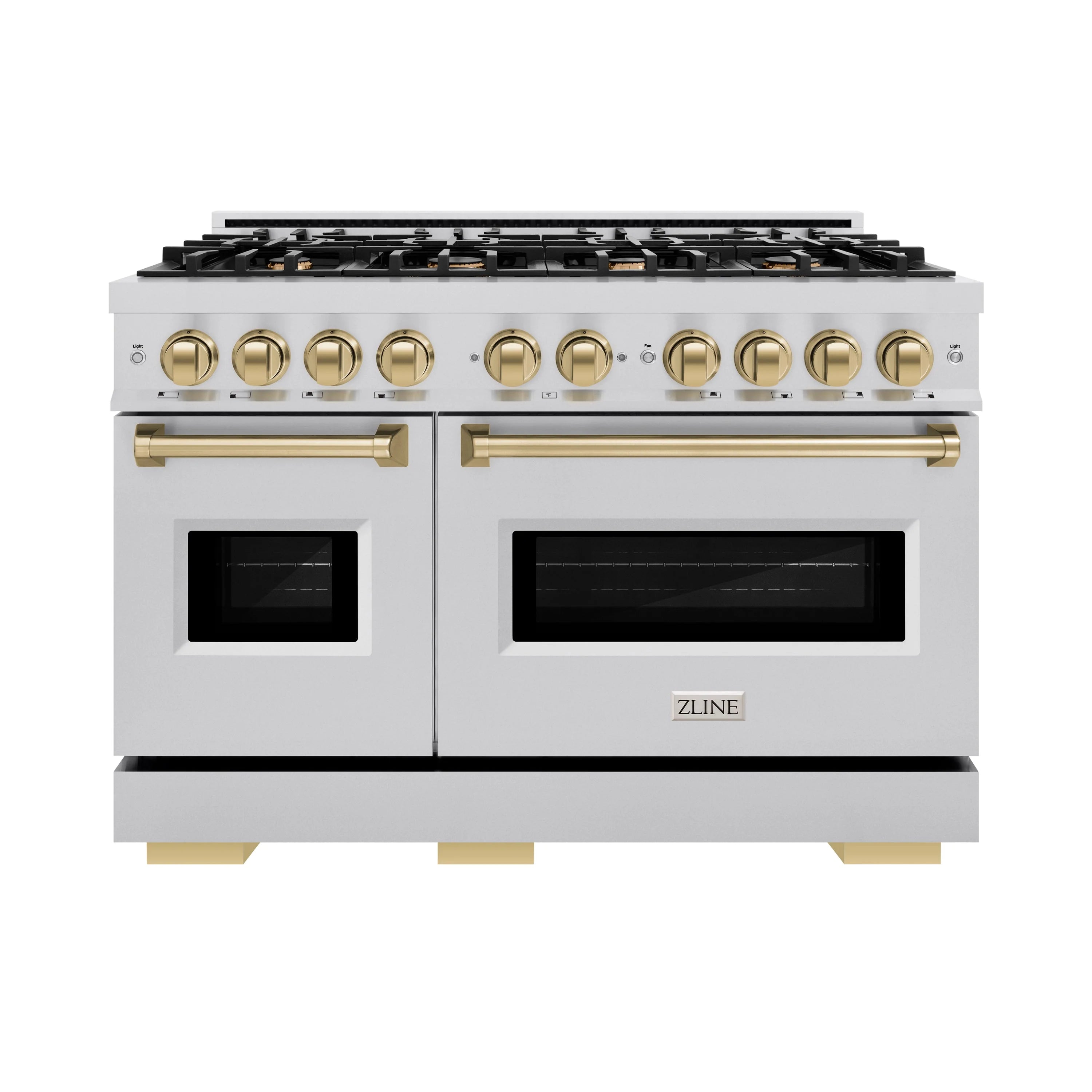 Stainless steel dual fuel range front panel with champagne bronze knobs and two oven doors