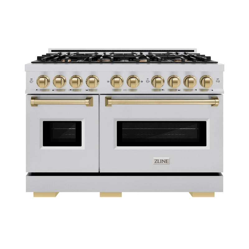 ZLINE 4-Piece Appliance Package - 48-Inch Dual Fuel Range, Hood, Refrigerator with Water Dispenser, and Dishwasher in Stainless Steel with Champagne Bronze Accents