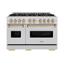 ZLINE 4-Piece Appliance Package - 48-Inch Dual Fuel Range, Hood, Refrigerator, and Dishwasher in Stainless Steel with Champagne Bronze Accents
