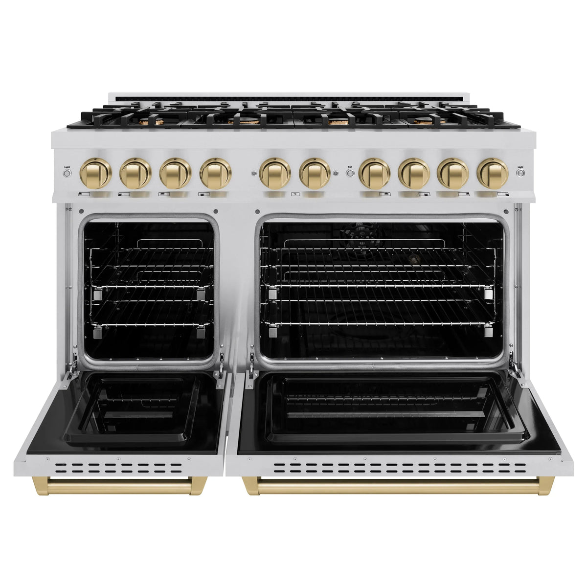 Stainless steel dual fuel range with open ovens and gold accent door handles