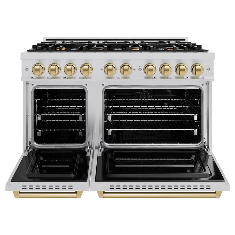 ZLINE 4-Piece Appliance Package - 48-Inch Dual Fuel Range, Hood, Refrigerator with Water Dispenser, and Dishwasher in Stainless Steel with Champagne Bronze Accents